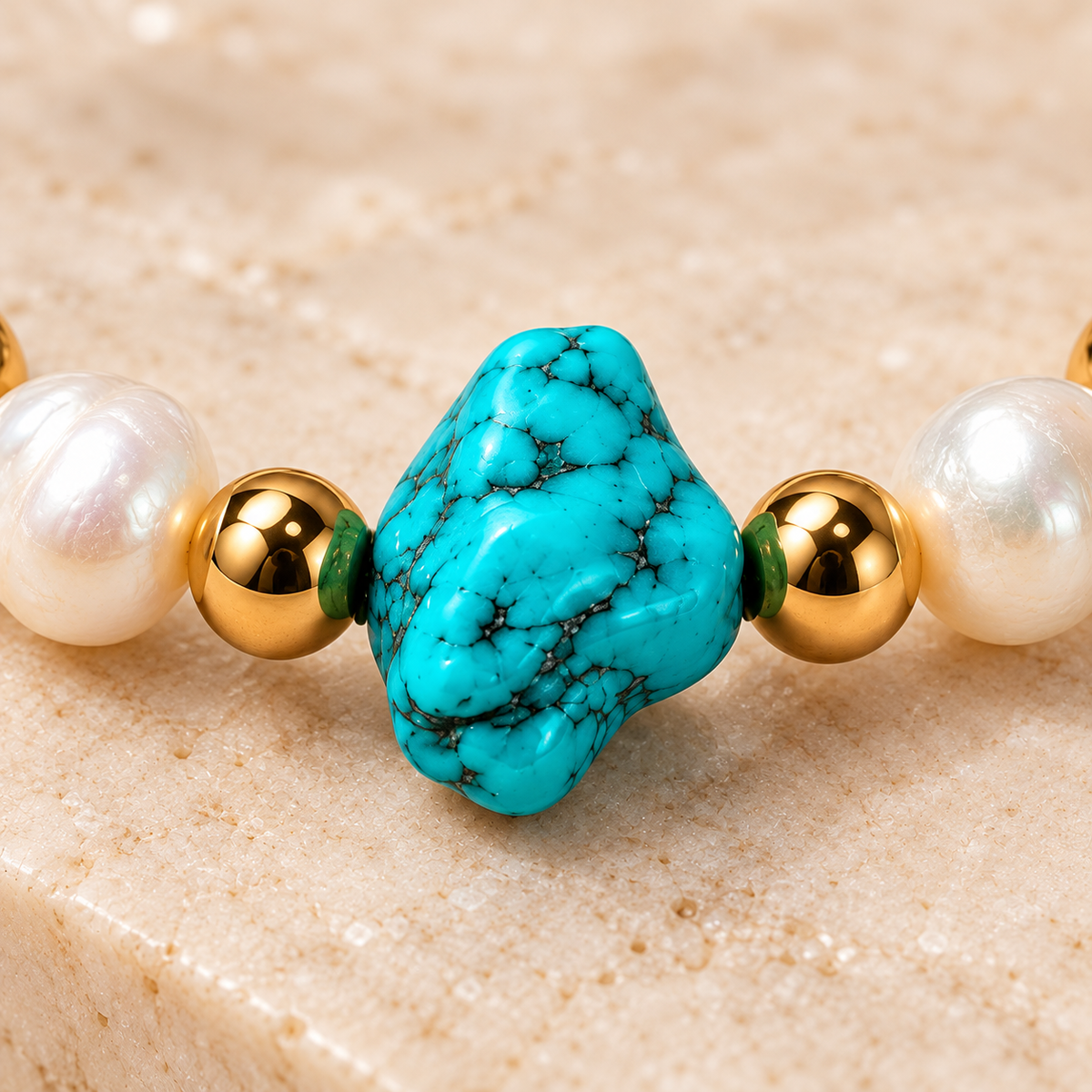 A close-up of a beaded bracelet featuring a large, irregular turquoise stone bead at the center, flanked by polished gold-tone spacer beads and white pearl-like beads, set against a light beige textured stone background.
