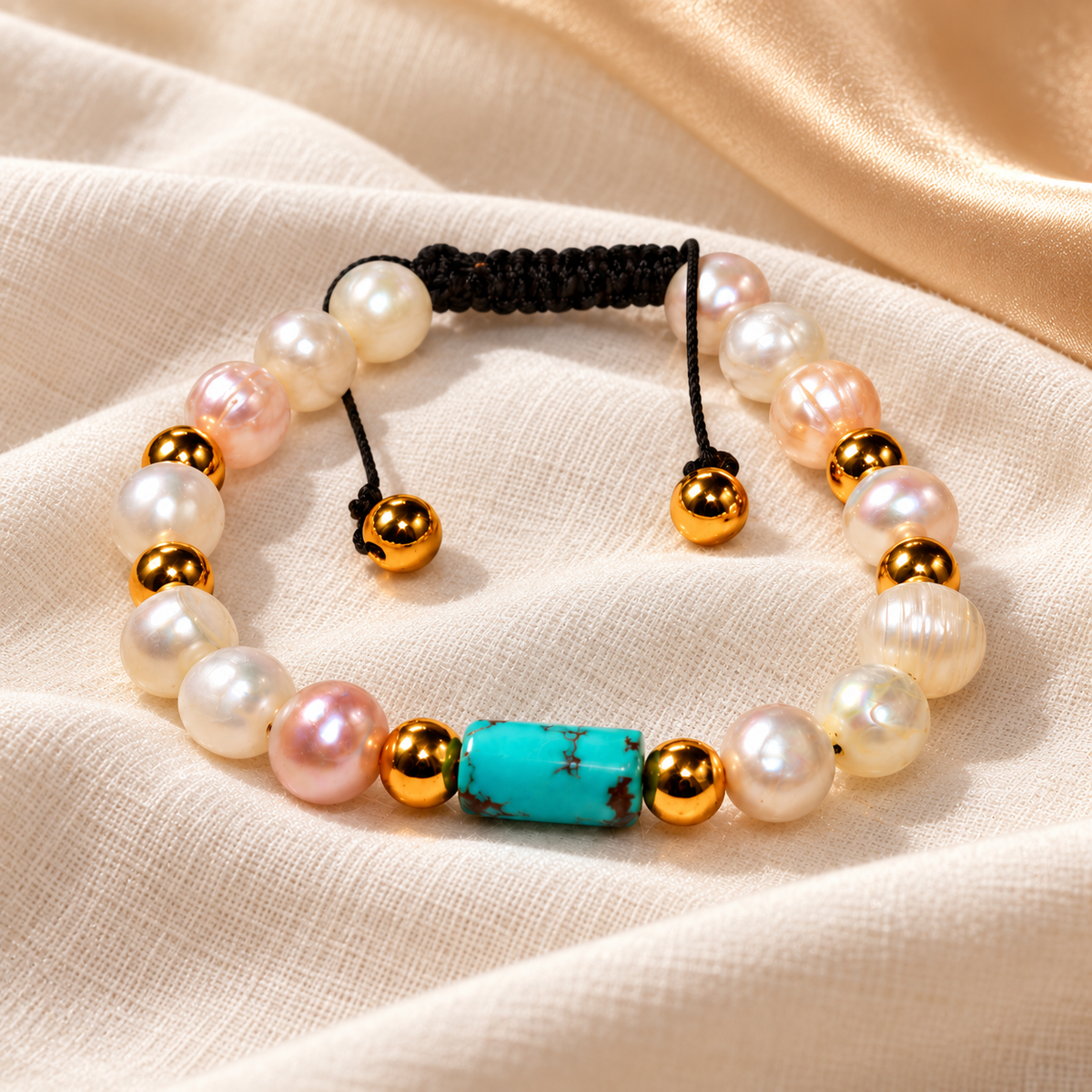 A beaded bracelet with white and pink freshwater pearls, gold-toned spacer beads, a turquoise-colored cylindrical accent, and a black adjustable cord closure, displayed on draped cream fabric.