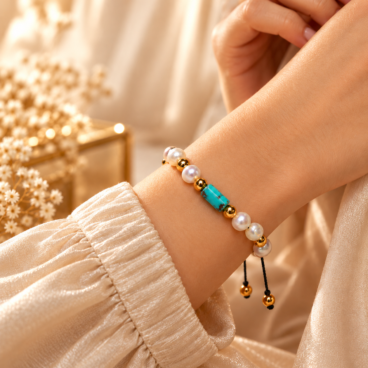 White Cultured Pearl Bracelet with Natural Sinai Turquoise & Gold-Tone Hematite – 18 cm