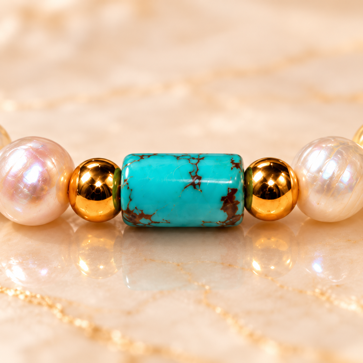 White Cultured Pearl Bracelet with Natural Sinai Turquoise & Gold-Tone Hematite – 18 cm