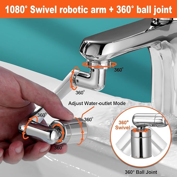 A chrome faucet adapter with a swivel robotic arm and ball joint shown being adjusted by a hand over a sink. The image includes text overlays explaining the 360° swivel and 360° ball joint adjustments, plus an inset diagram.
