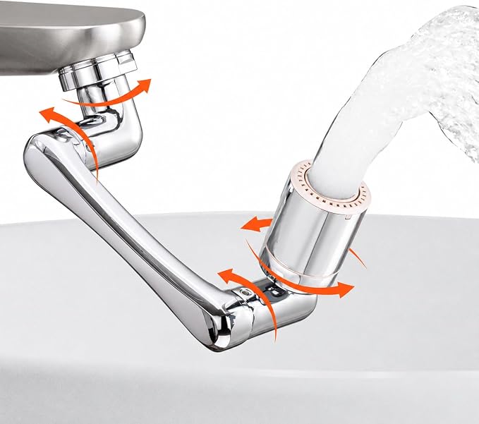 A chrome faucet with a curved spout and an attached cylindrical adapter, shown with orange arrows indicating rotation and a stream of water flowing out. The faucet is set against a clean white background.