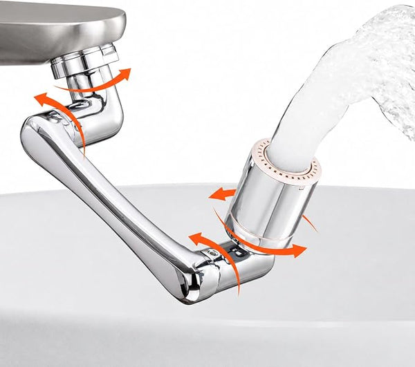 A chrome faucet with a curved spout and an attached cylindrical adapter, shown with orange arrows indicating rotation and a stream of water flowing out. The faucet is set against a clean white background.