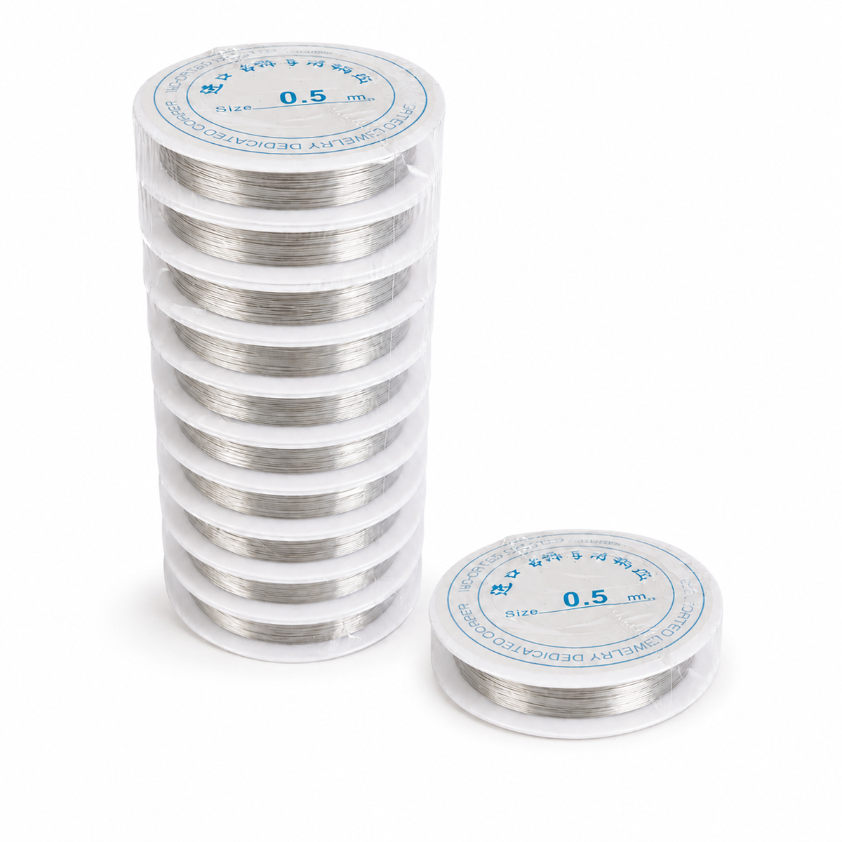 Two clear plastic spools of silver-colored dental wire, one stacked in a tall column and one standing alone, both labeled '0.5 mm' on a white background.