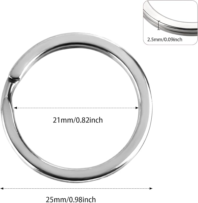 A silver metal split ring keychain shown on a white background with dimension labels indicating 21mm/0.82inch across the top and 25mm/0.