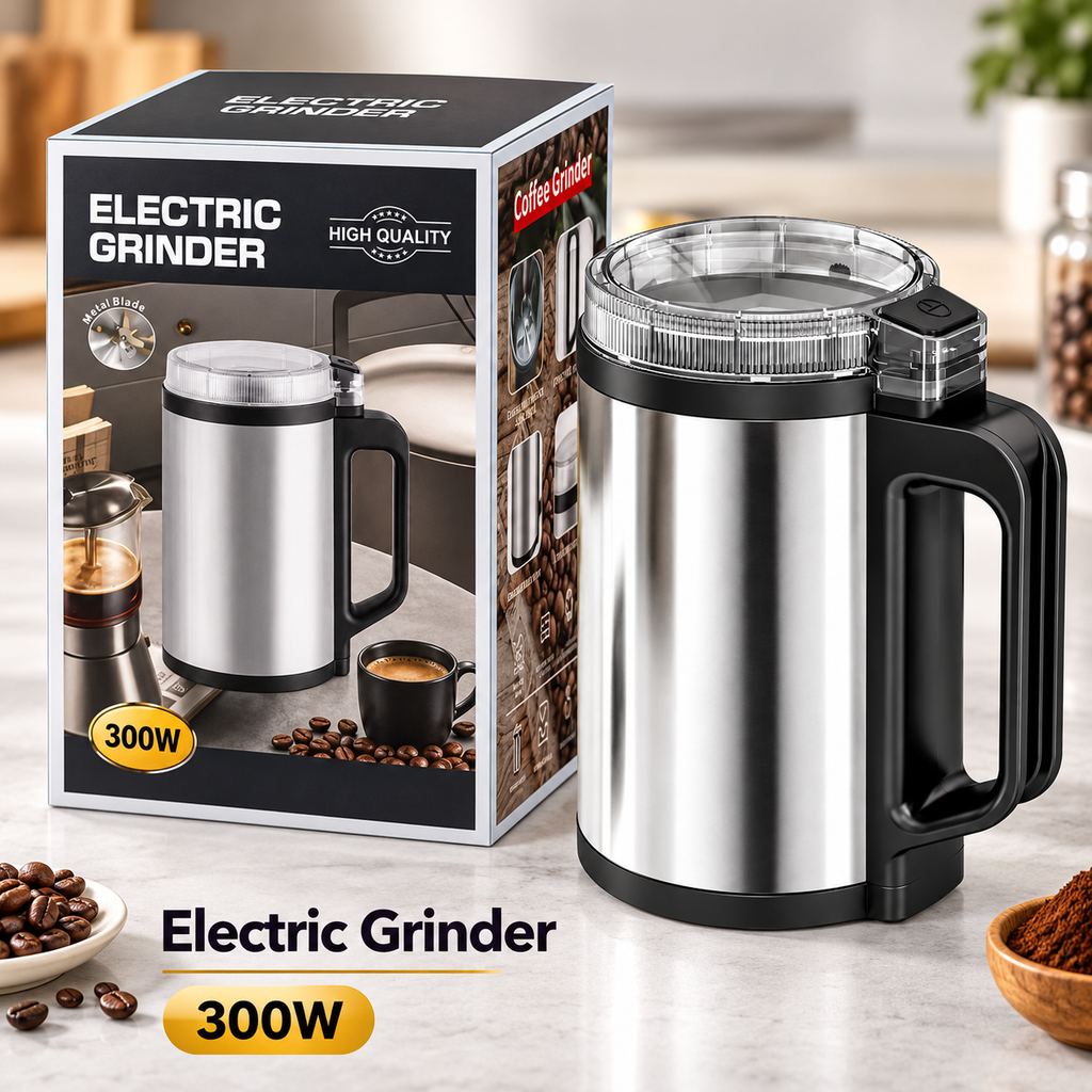 A stainless steel electric coffee grinder with a black handle and clear lid, shown next to its retail box on a light countertop with coffee beans and a small bowl of coffee beans.