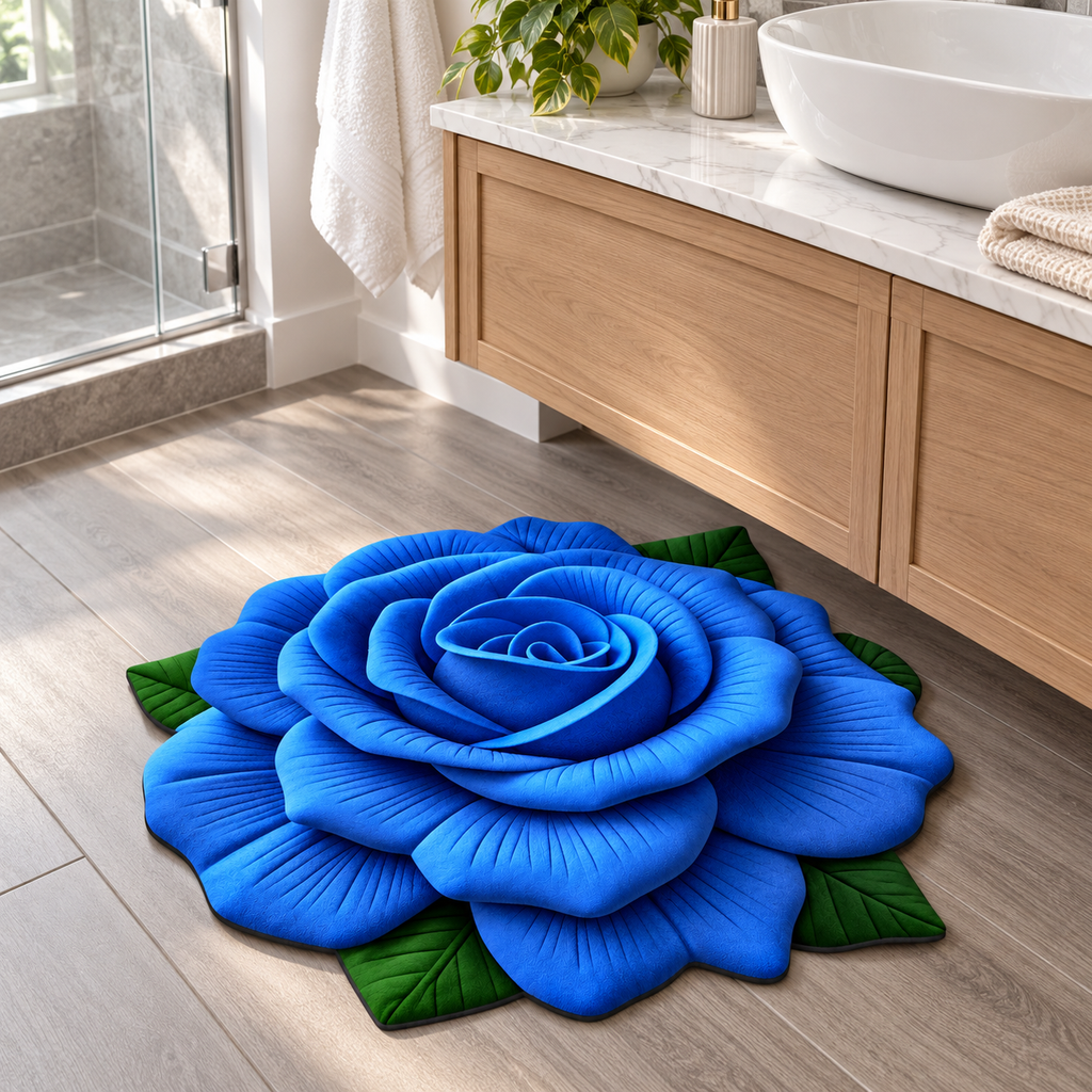 A large 3D-effect blue rose rug with green leaves lies on a light wood bathroom floor in front of a wooden vanity with a white sink.