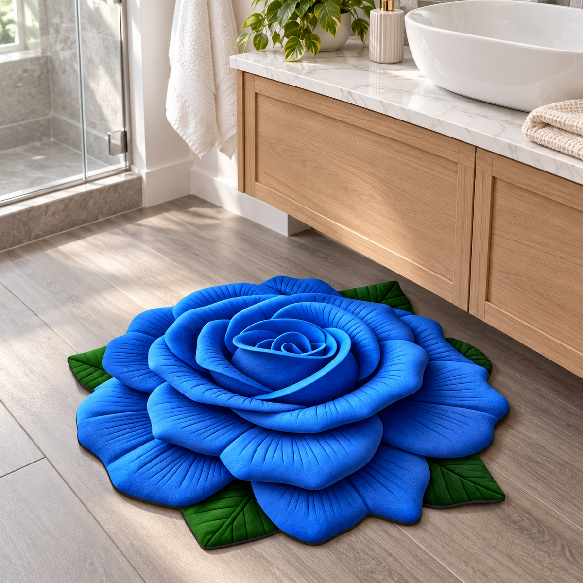 A large 3D-effect blue rose rug with green leaves lies on a light wood bathroom floor in front of a wooden vanity with a white sink.