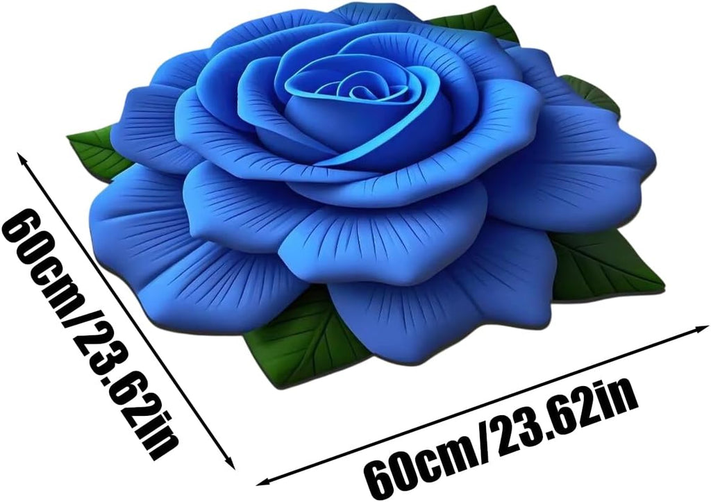 A blue rose with green leaves shown on a white background with black dimension arrows and text reading 60cm/23.62in, indicating size information for the product.