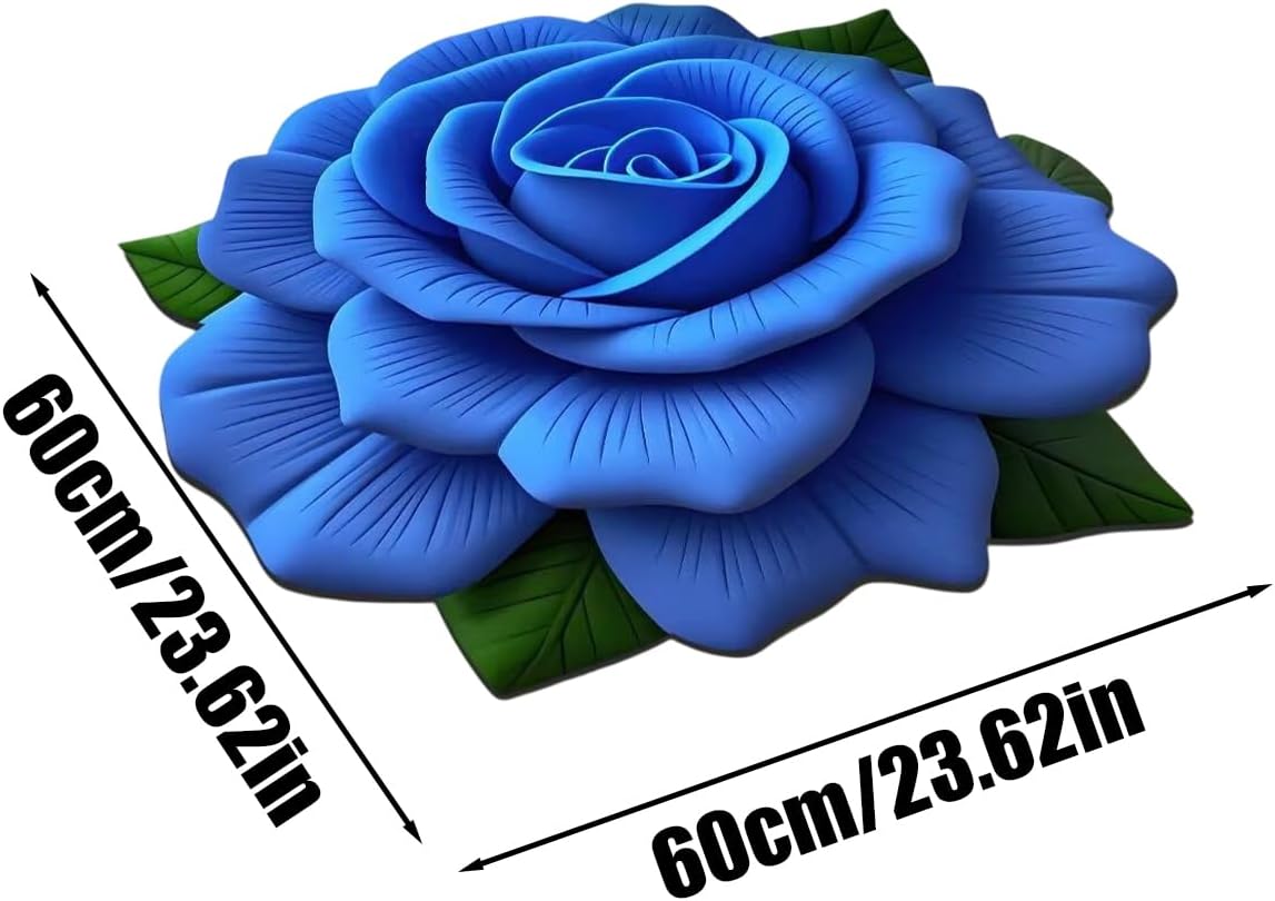 A blue rose with green leaves shown on a white background with black dimension arrows and text reading 60cm/23.62in, indicating size information for the product.