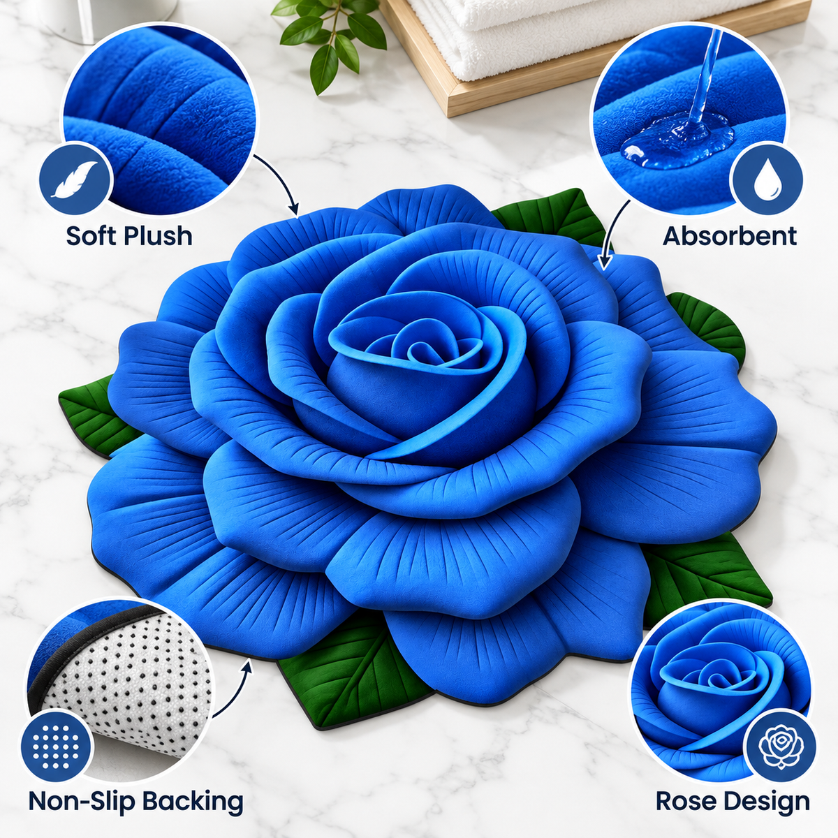 A large blue rose-shaped mat with green leaves on a white marble surface, surrounded by circular callout graphics showing soft plush texture, absorbency, non-slip backing, and rose design.