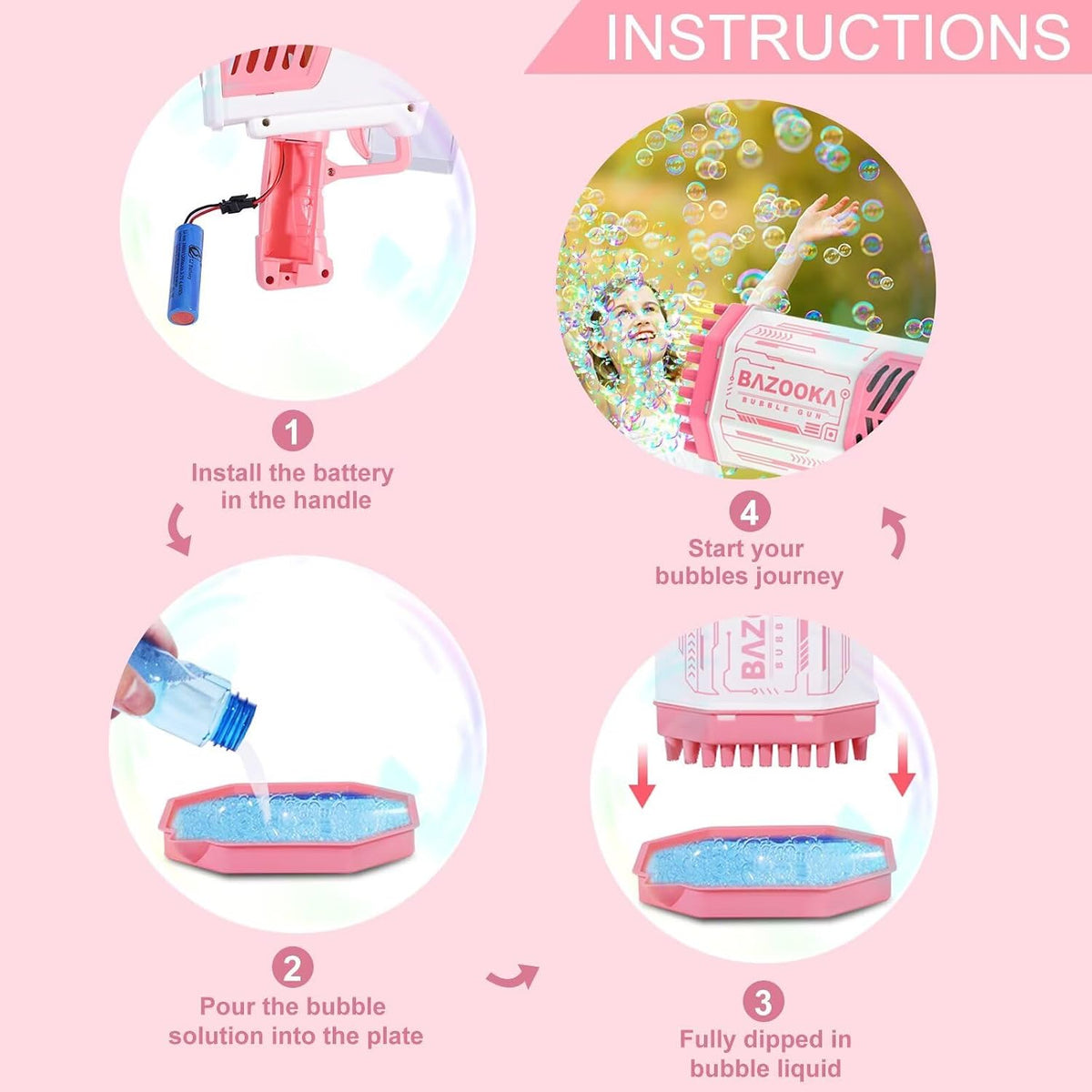 Instructions for using a bubble gun on a pink background
