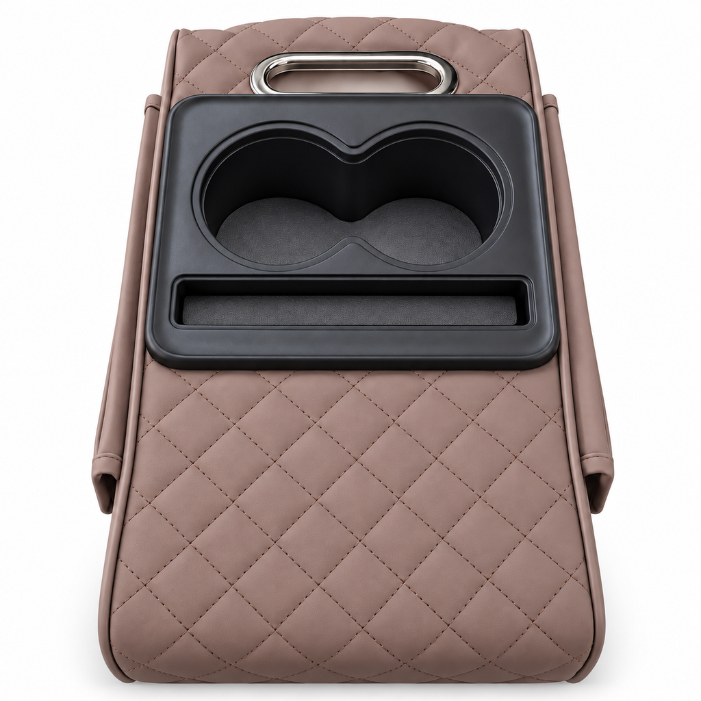 A brown quilted leather car center console armrest with a black dual cup holder insert and a silver metal handle, shown on a white background.