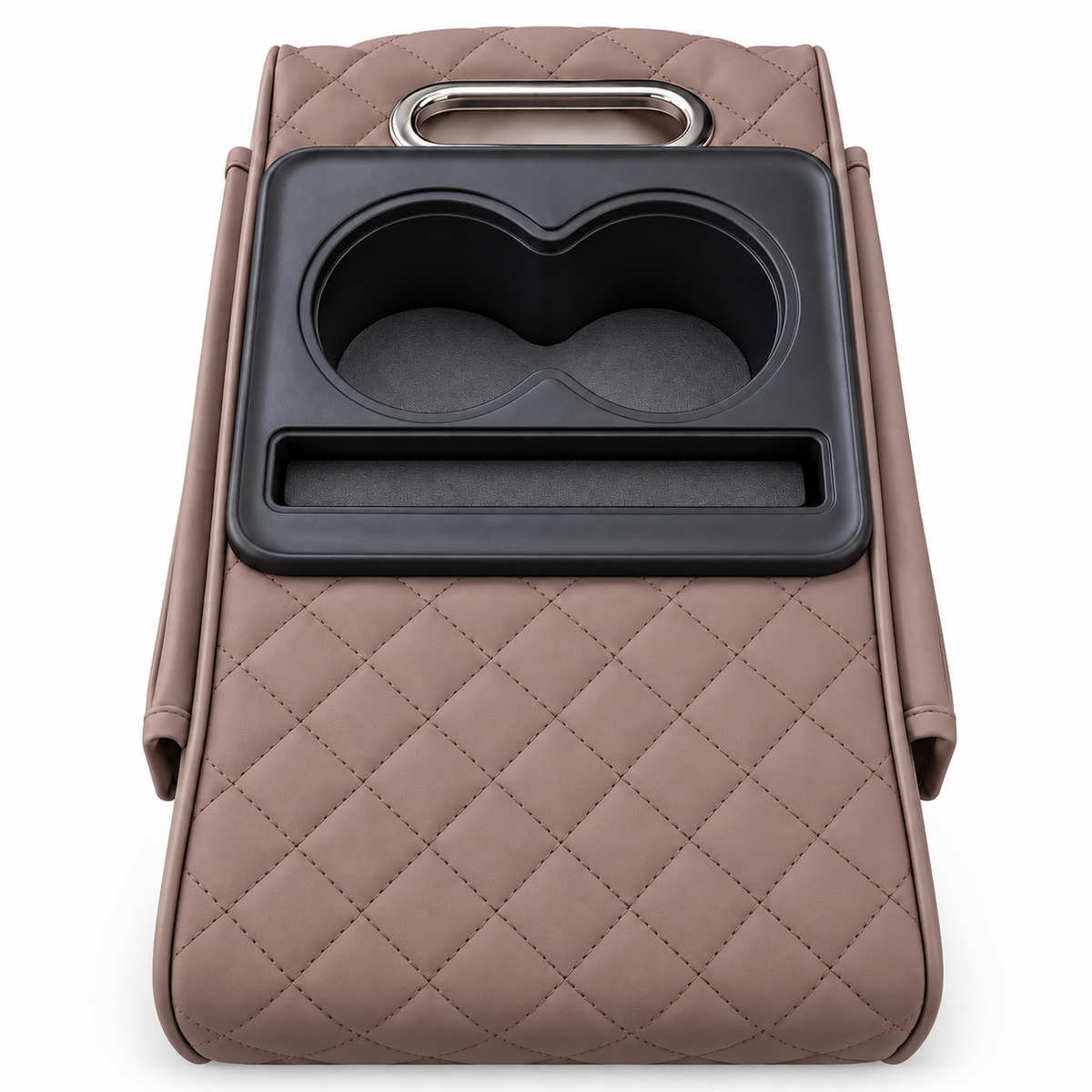 A brown quilted leather car center console armrest with a black dual cup holder insert and a silver metal handle, shown on a white background.