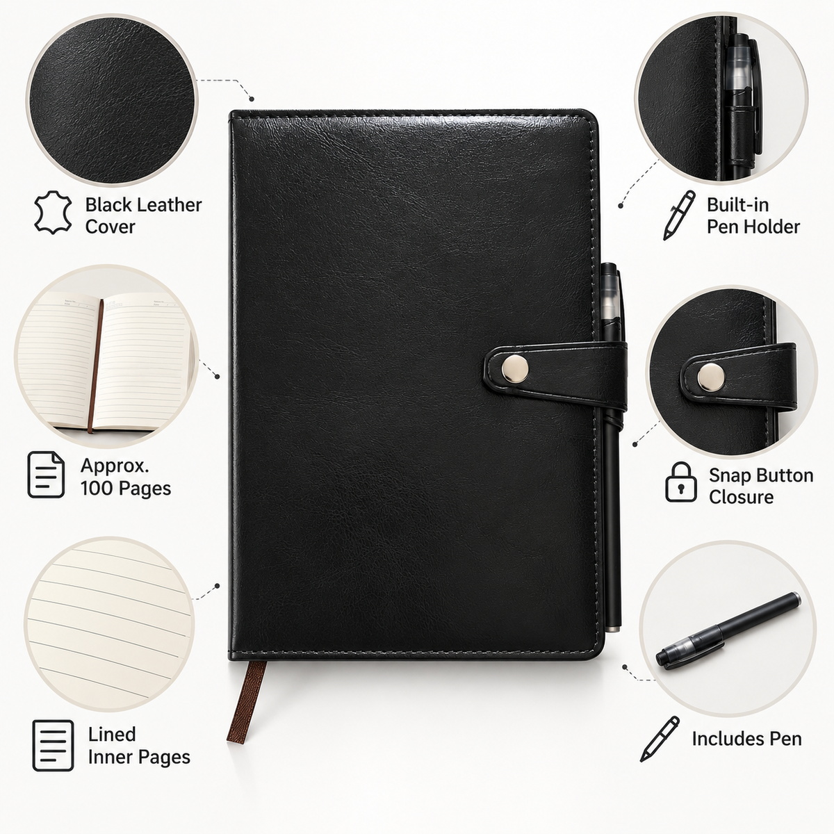 Black leather-bound notebook with a snap-button closure and pen holder, shown on a white background with circular feature callouts for black leather cover, built-in pen holder, snap button closure, lined inner pages, and included pen.