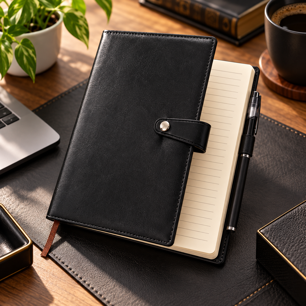 A black faux-leather notebook with a snap-button strap and lined pages, styled on a desk with a pen, laptop, plant, coffee cup, and other office props.