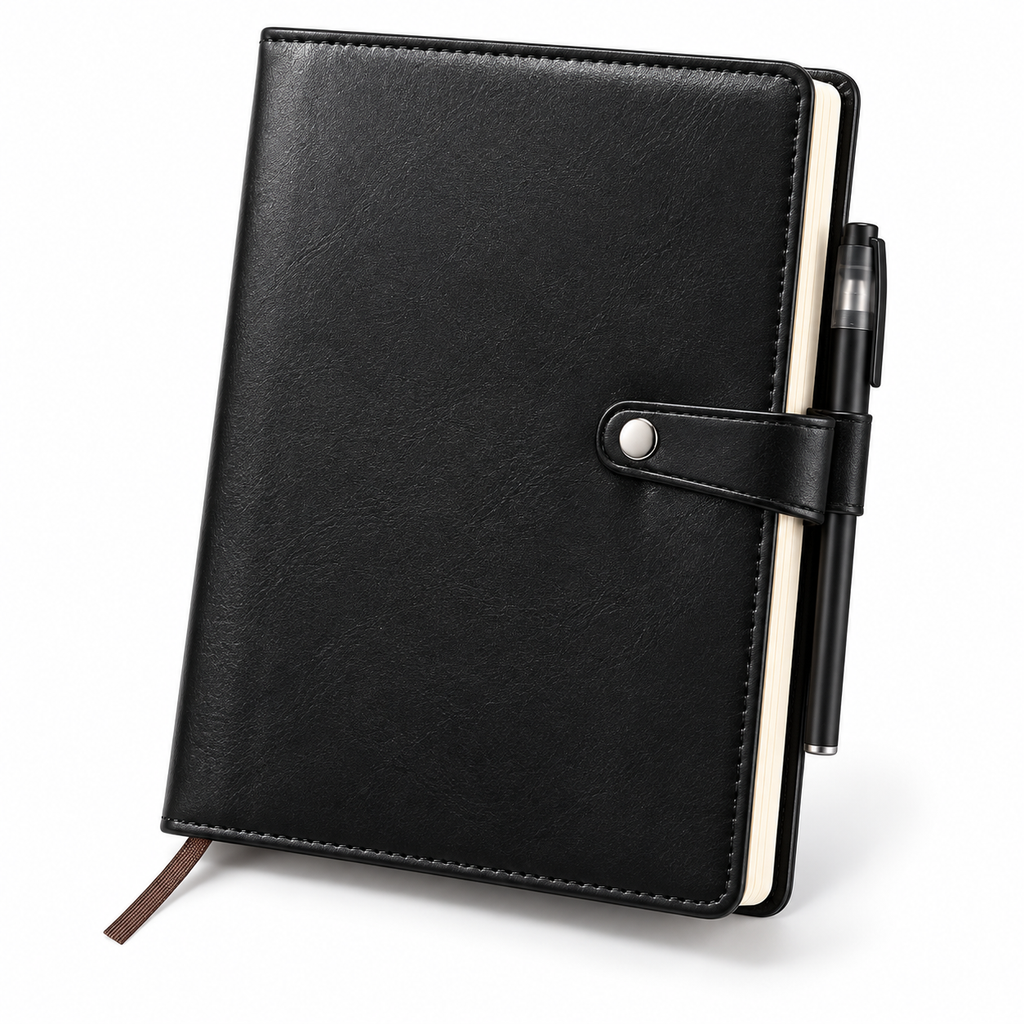 A black faux-leather planner or notebook with a strap closure and a pen attached to the side, shown on a clean white background.