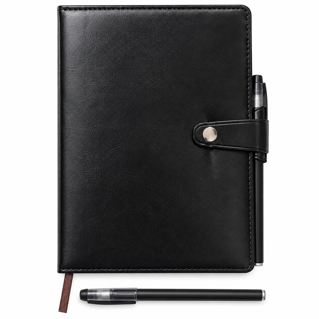 Black faux-leather planner or notebook cover with a snap-tab closure and pen loop, shown closed on a white background with a pen inserted and another pen placed below.