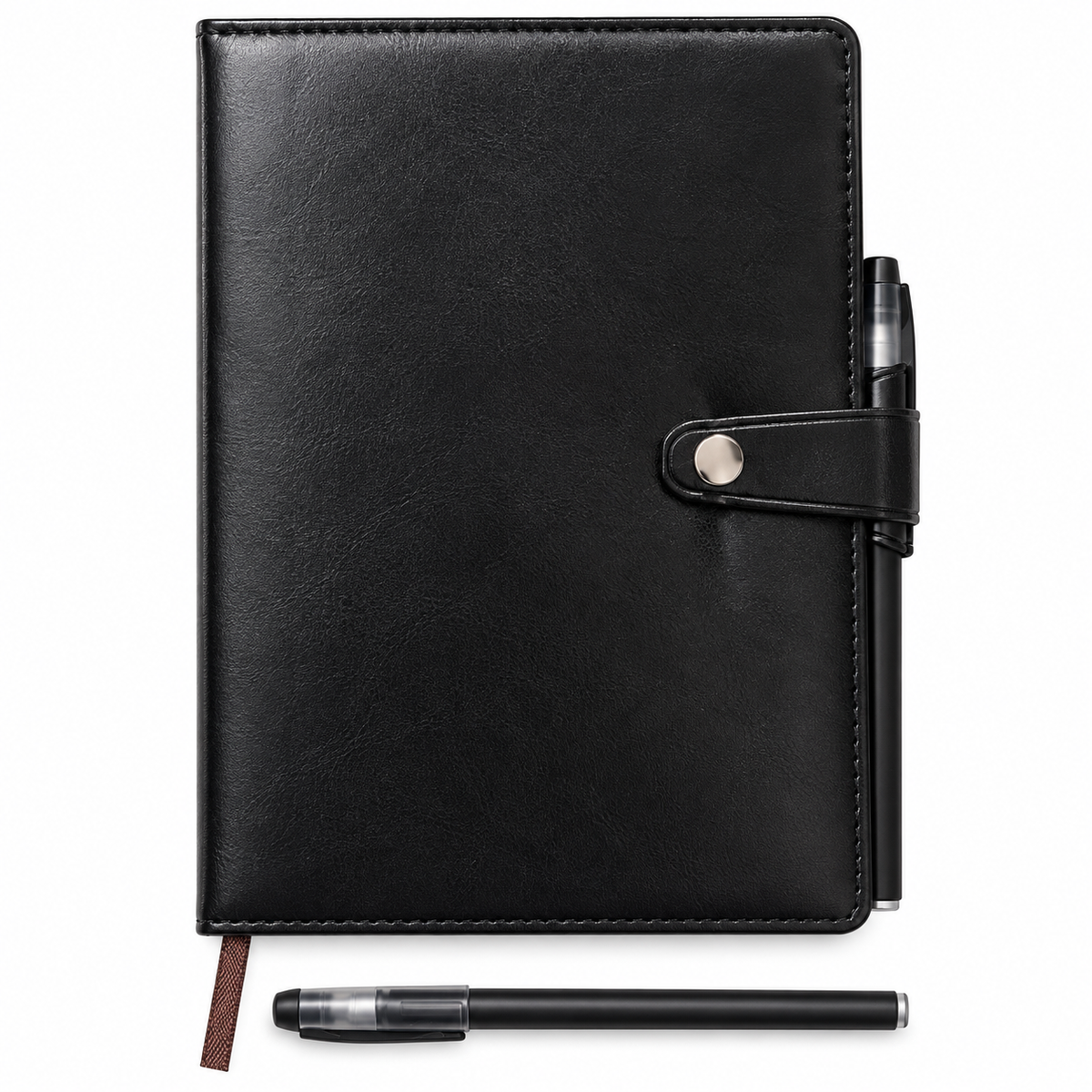 Black faux-leather planner or notebook cover with a snap-tab closure and pen loop, shown closed on a white background with a pen inserted and another pen placed below.