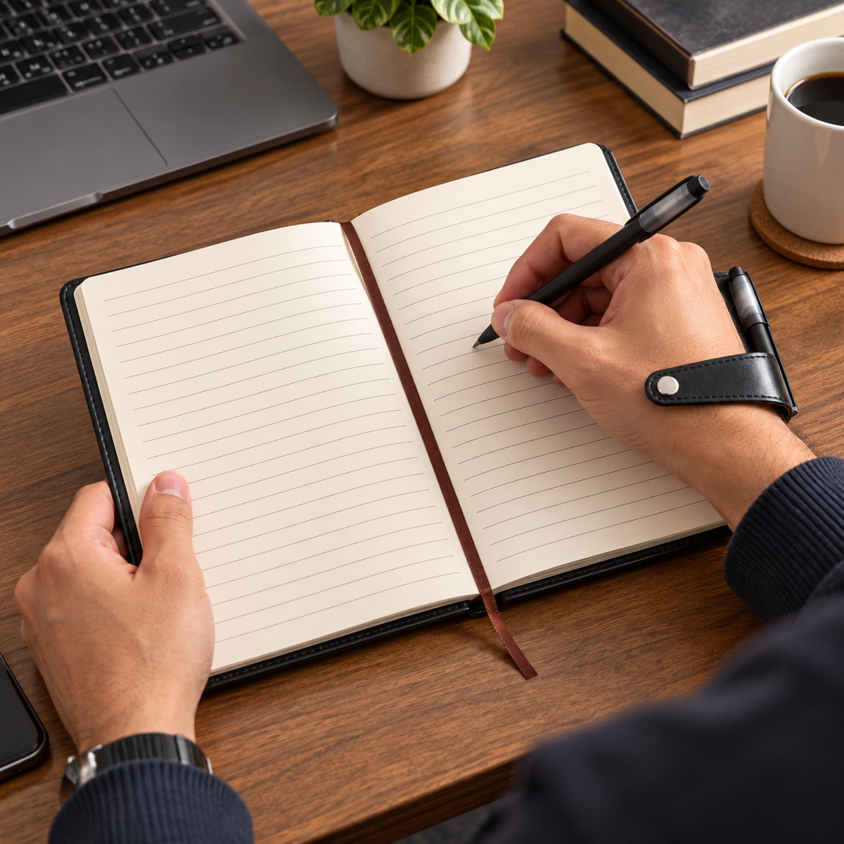 An open lined notebook on a wooden desk, held open by two hands while one writes with a black pen. A pen loop on the wrist and other desk accessories are visible in a real workspace setting.
