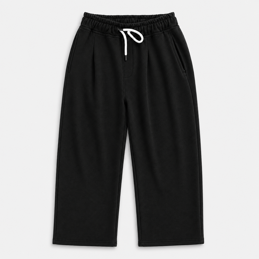 Black wide-leg sweatpants with an elastic waistband and white drawstring, shown flat on a light gray background.7AGAT Shopping black melton wide leg sweatpants front view
