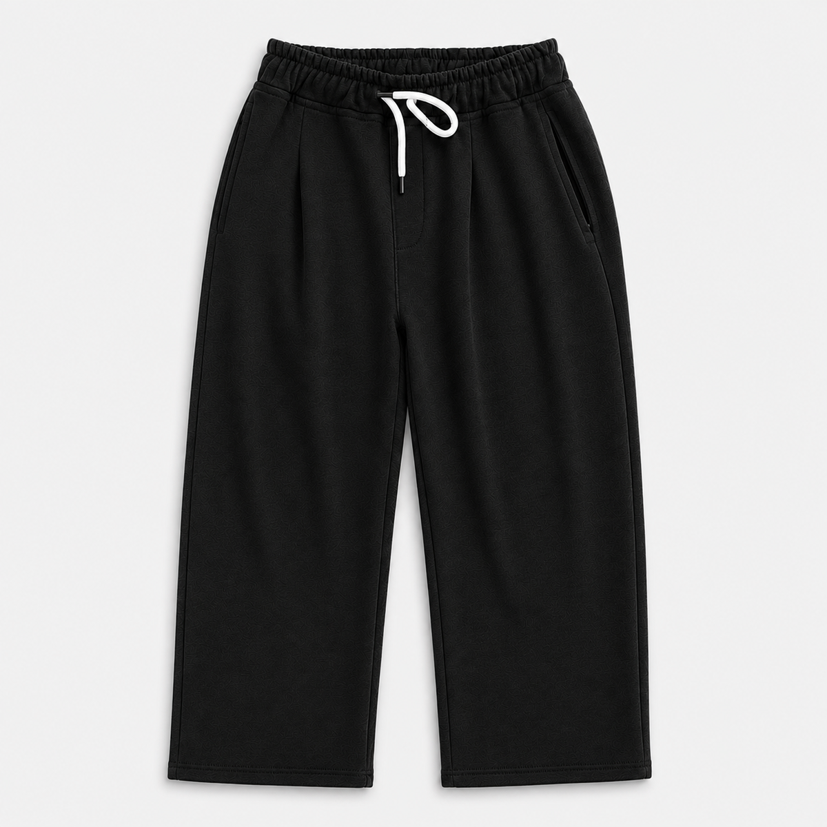 Black wide-leg sweatpants with an elastic waistband and white drawstring, shown flat on a light gray background.7AGAT Shopping black melton wide leg sweatpants front view
