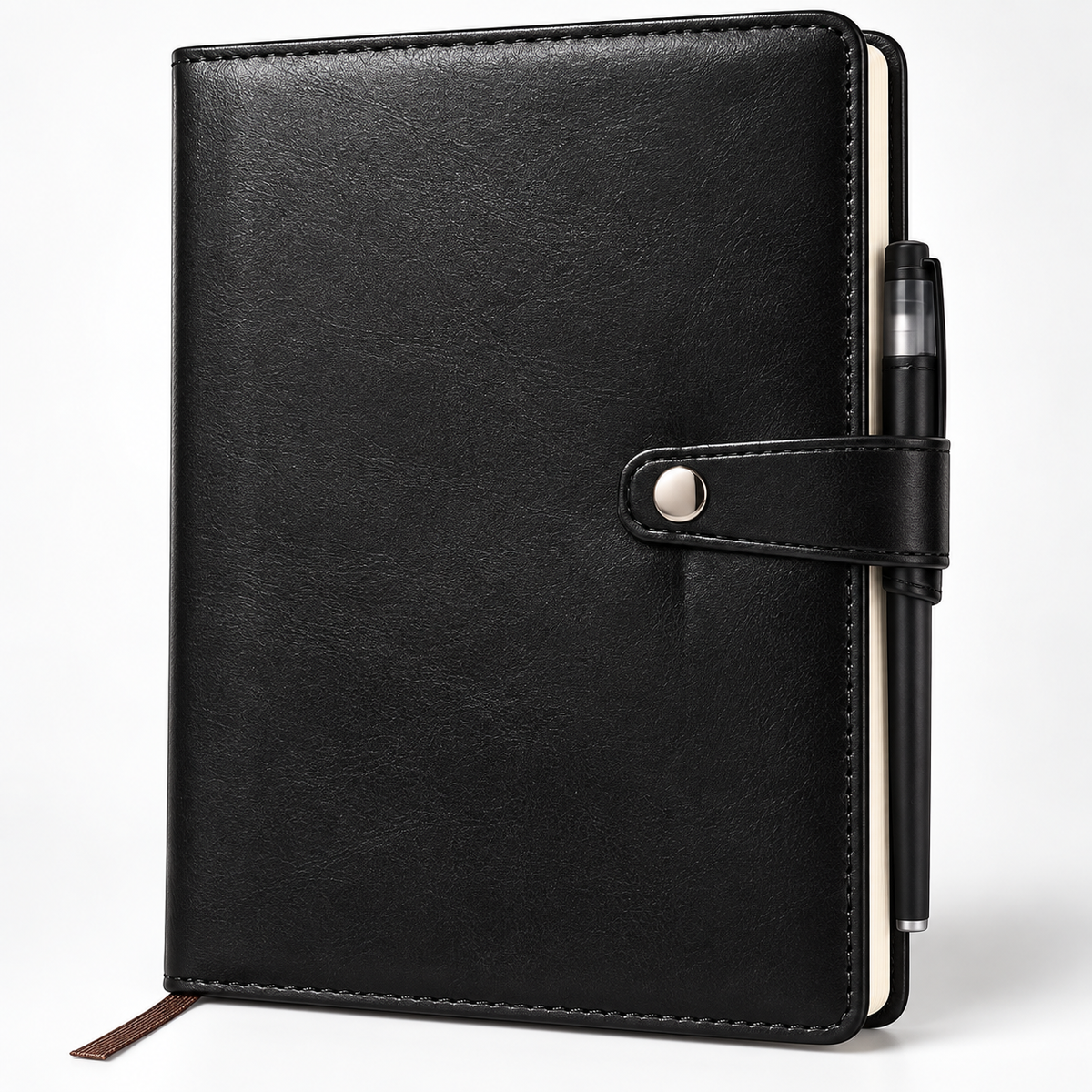 A black faux-leather planner or notebook cover with a snap-button strap and a pen tucked into the side, shown on a clean white background.