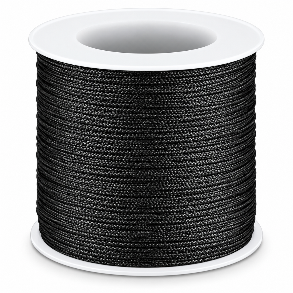 A spool of black braided cord or rope, wound tightly around a white plastic core, shown on a clean white background.