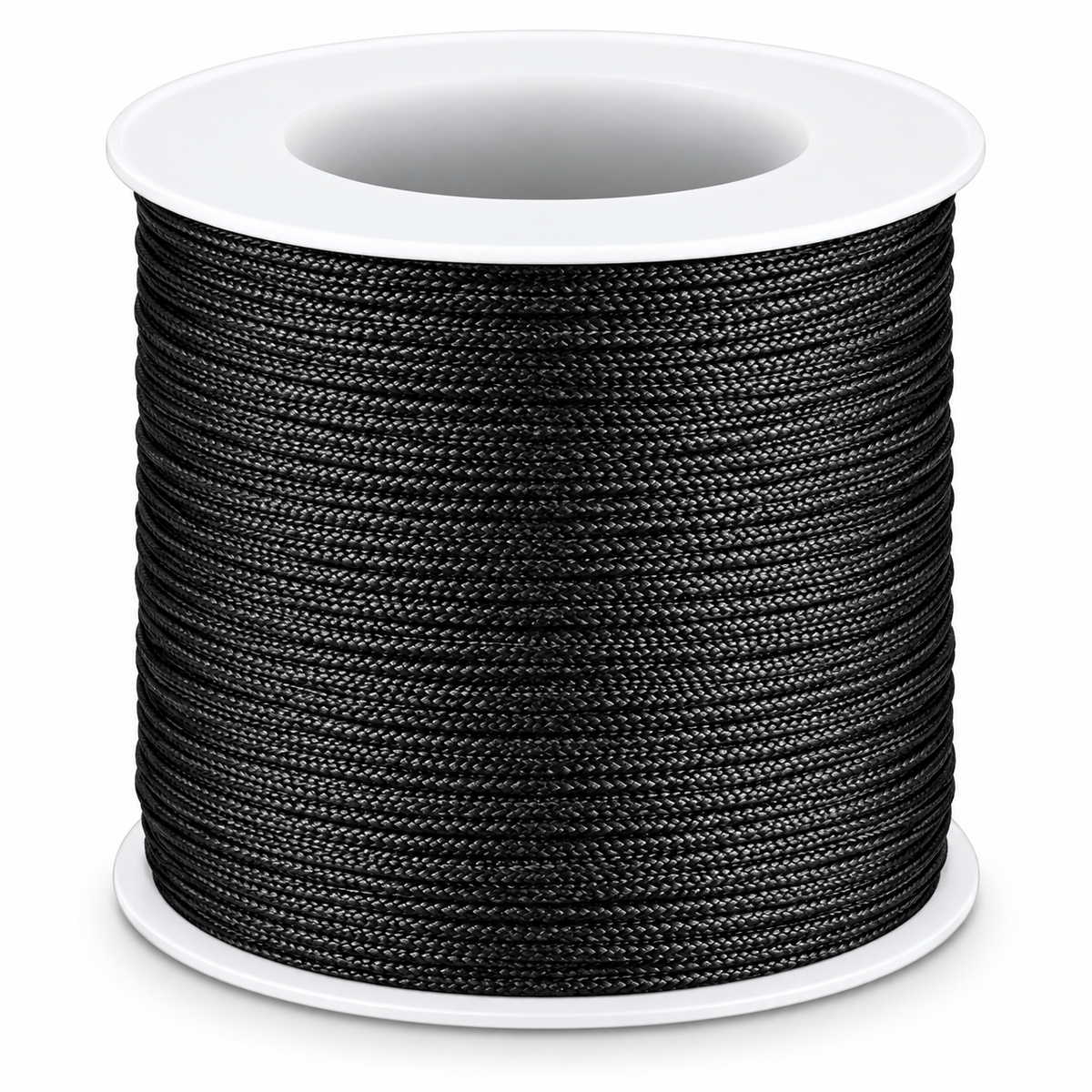 A spool of black braided cord or rope, wound tightly around a white plastic core, shown on a clean white background.