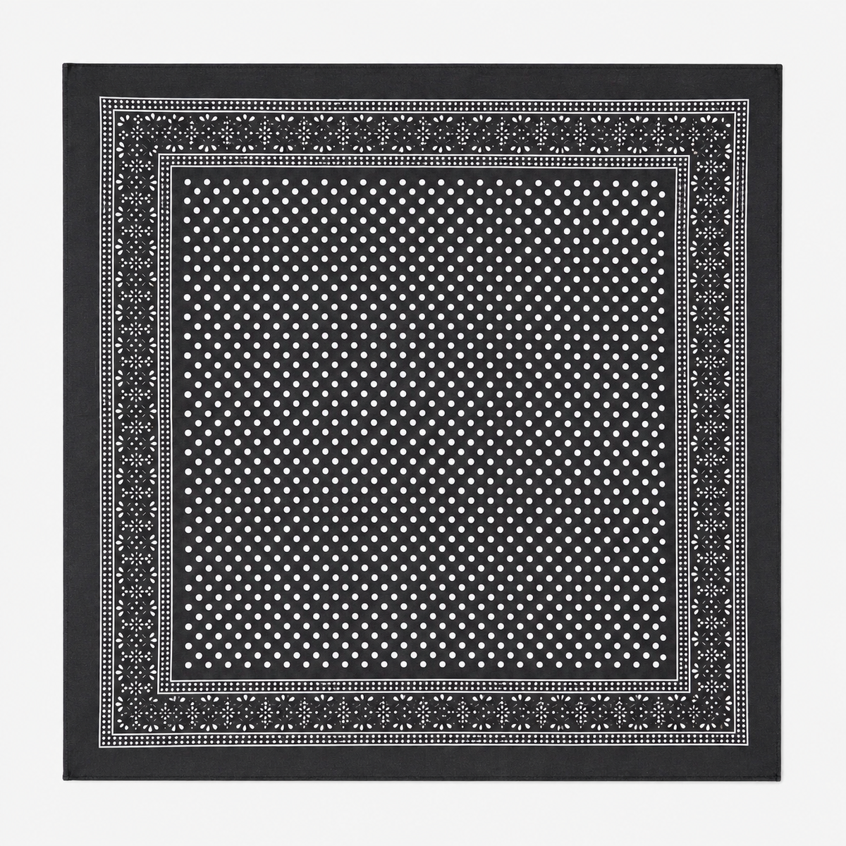 A square black bandana or scarf featuring a white polka dot pattern in the center and an ornate white border, displayed flat against a light gray background.