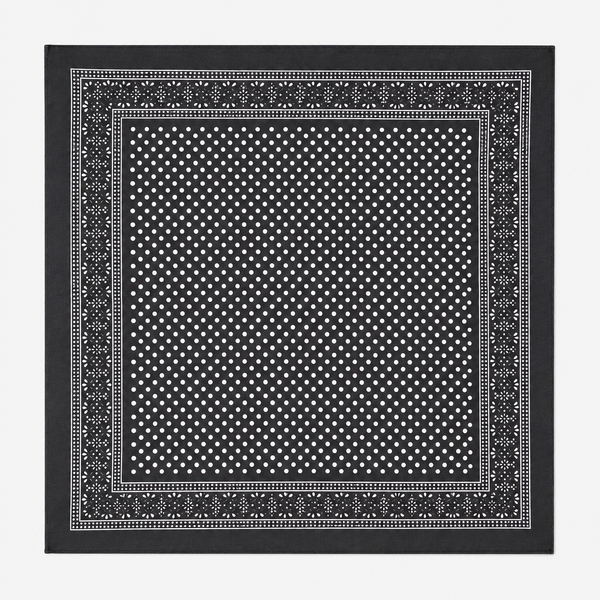 A square black bandana or scarf featuring a white polka dot pattern in the center and an ornate white border, displayed flat against a light gray background.