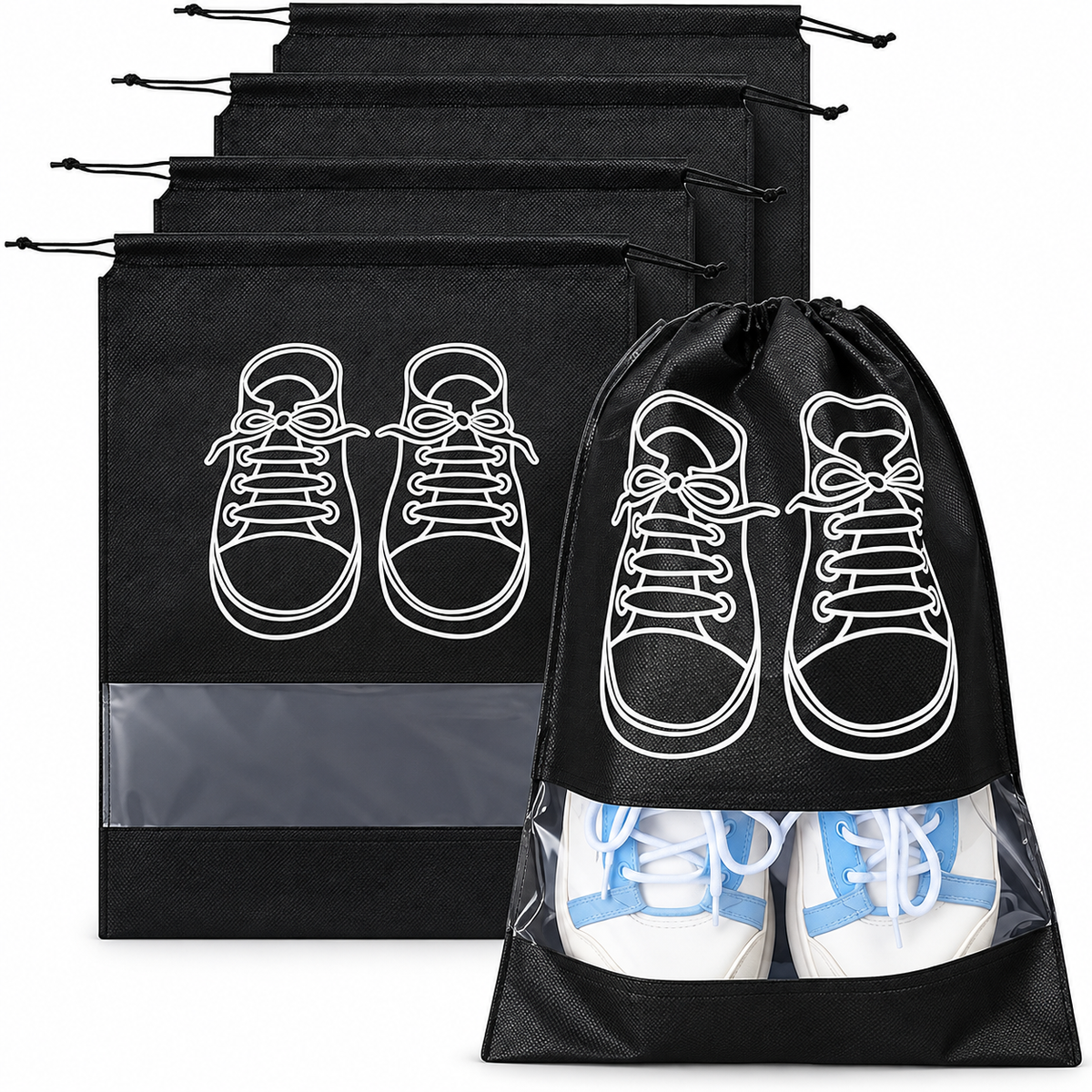 7AGAT Shopping black shoe storage bags with drawstring closure and transparent window
