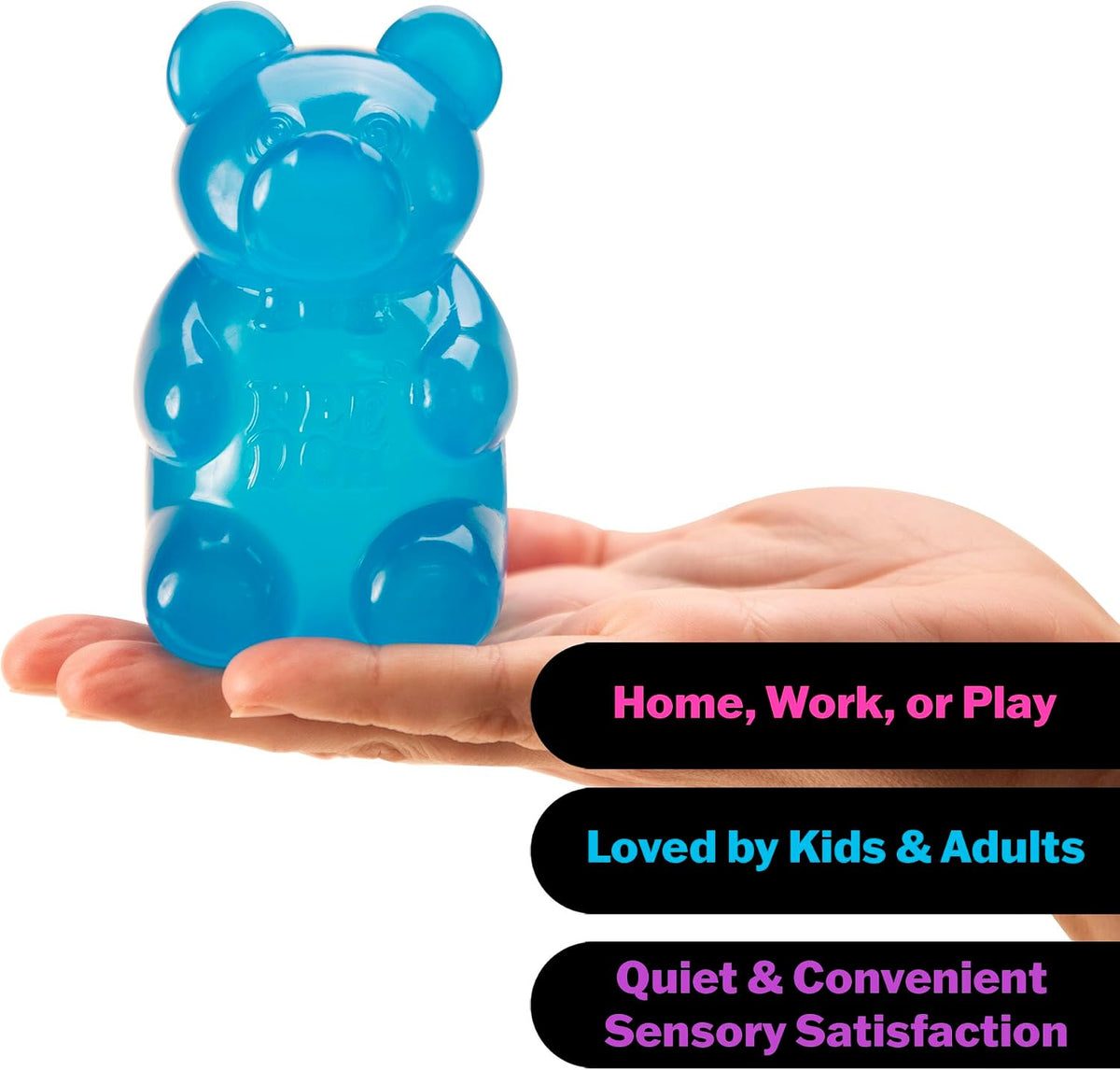 Blue gummy bear-shaped container held in a hand with text about its uses.