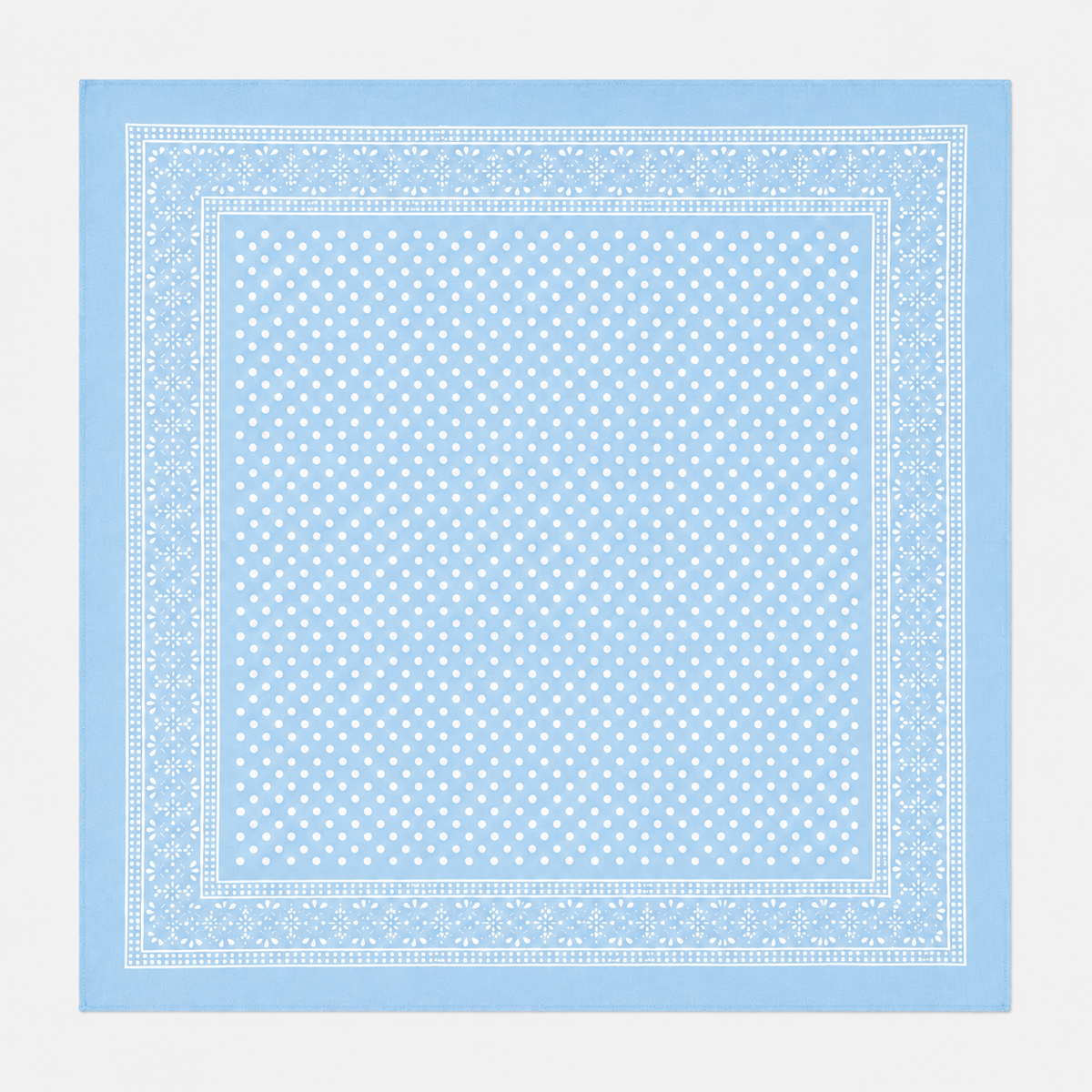 A square bandana featuring a light blue and white polka dot pattern with a decorative border, shown flat against a neutral light gray background.