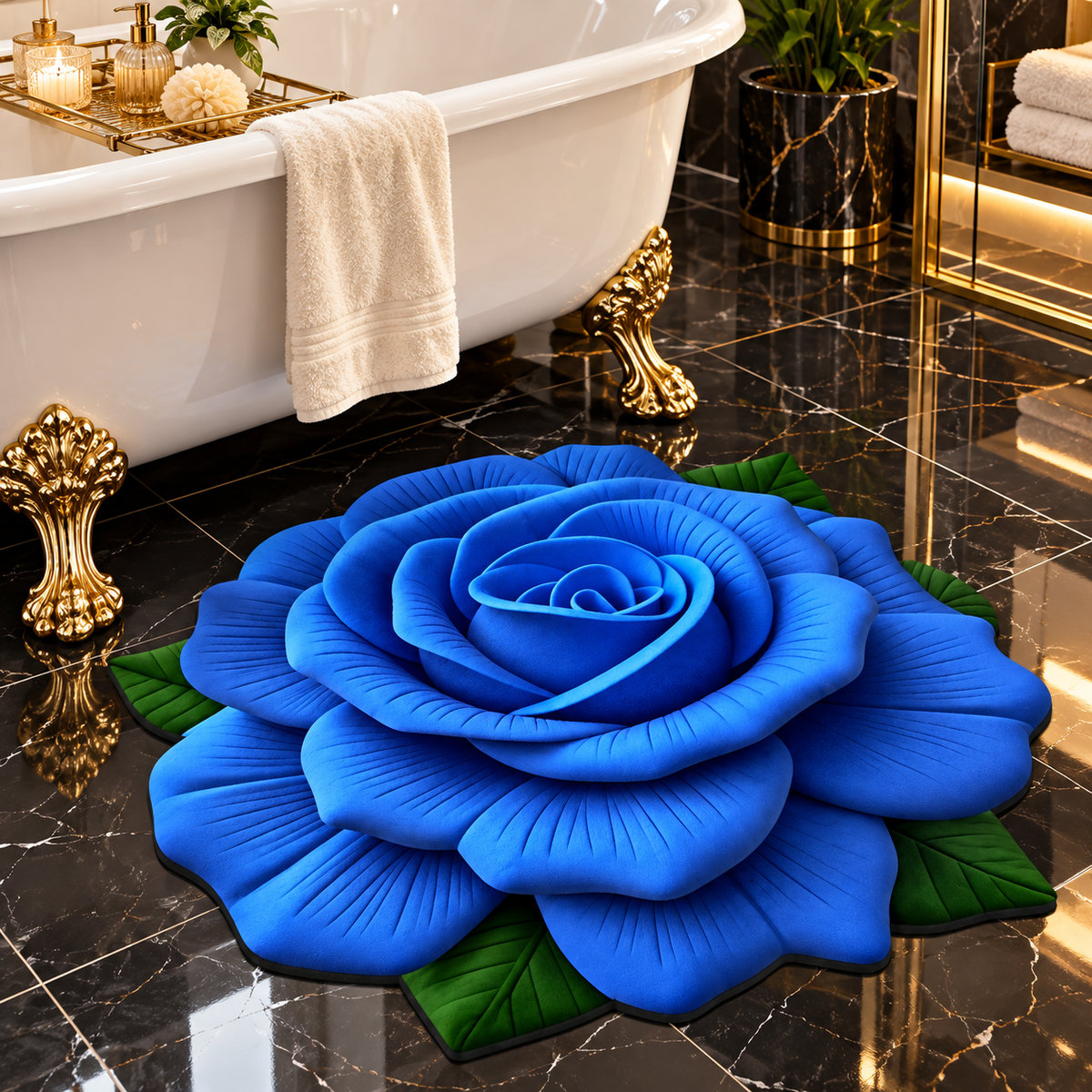 A large 3D-effect blue rose rug with green leaves on a glossy black marble bathroom floor, positioned in front of a white clawfoot bathtub with gold accents.