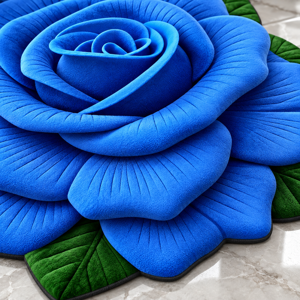 A close-up of a large blue rose-shaped rug or cushion with green leaves, shown on a light marble-like surface.