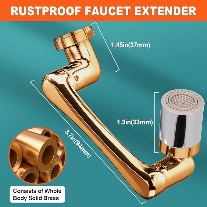 Gold faucet extender with measurements and details on a teal background