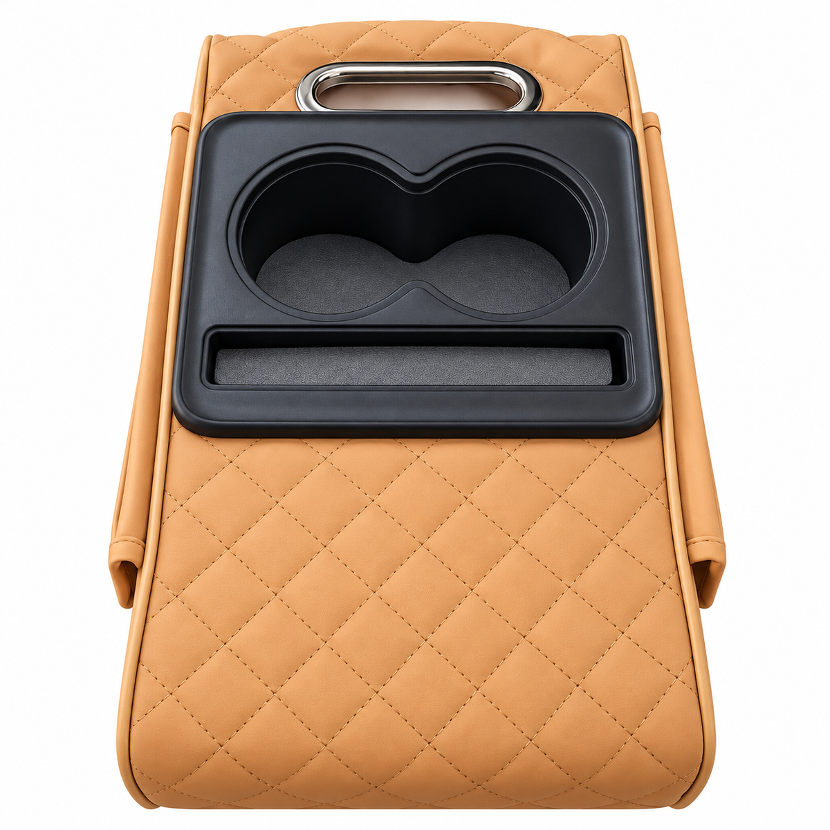 A tan quilted leather car center console armrest with a black dual cup holder insert and silver handle on a white background.