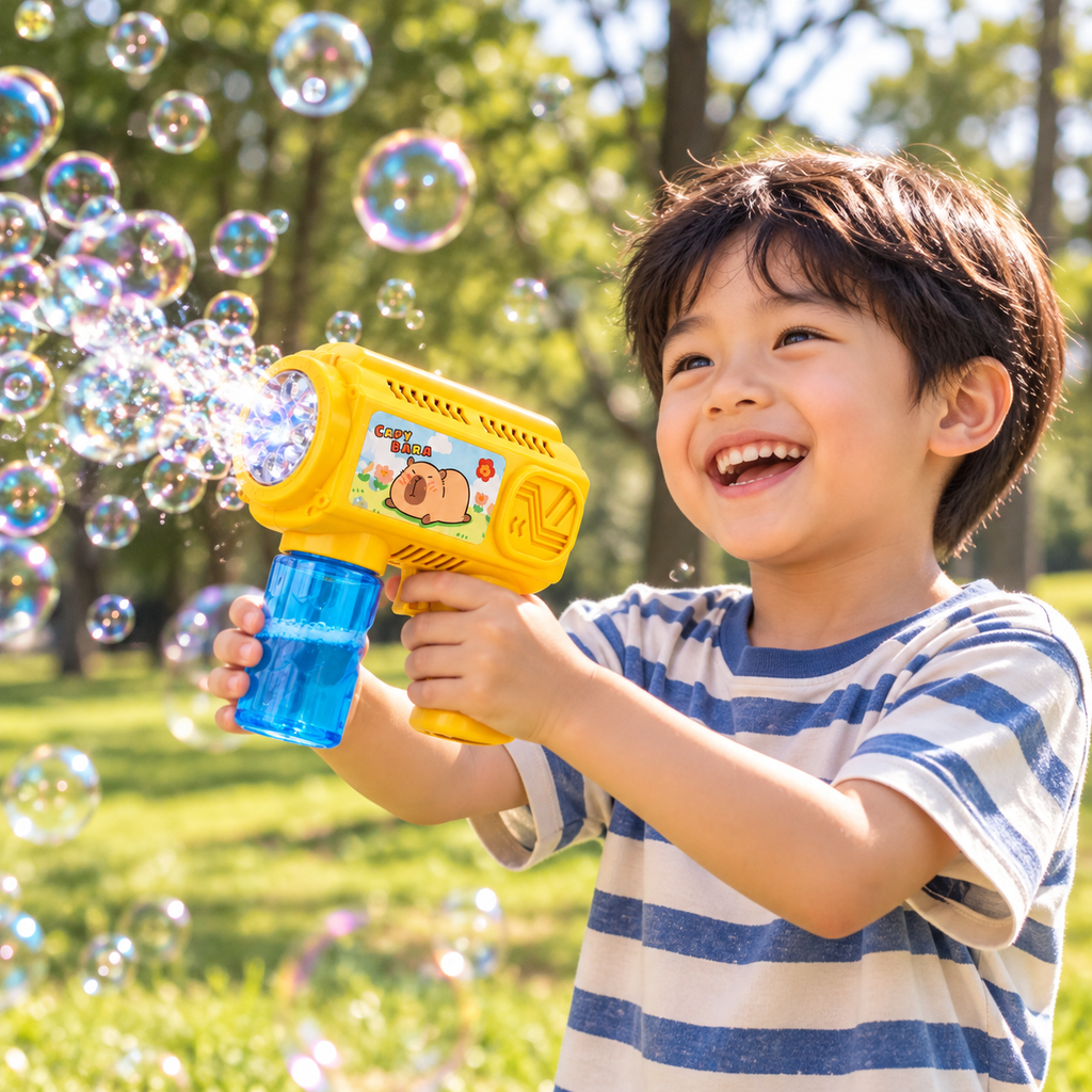 A young boy smiling and laughing while holding a yellow bubble gun that is spraying iridescent bubbles in a sunny park.