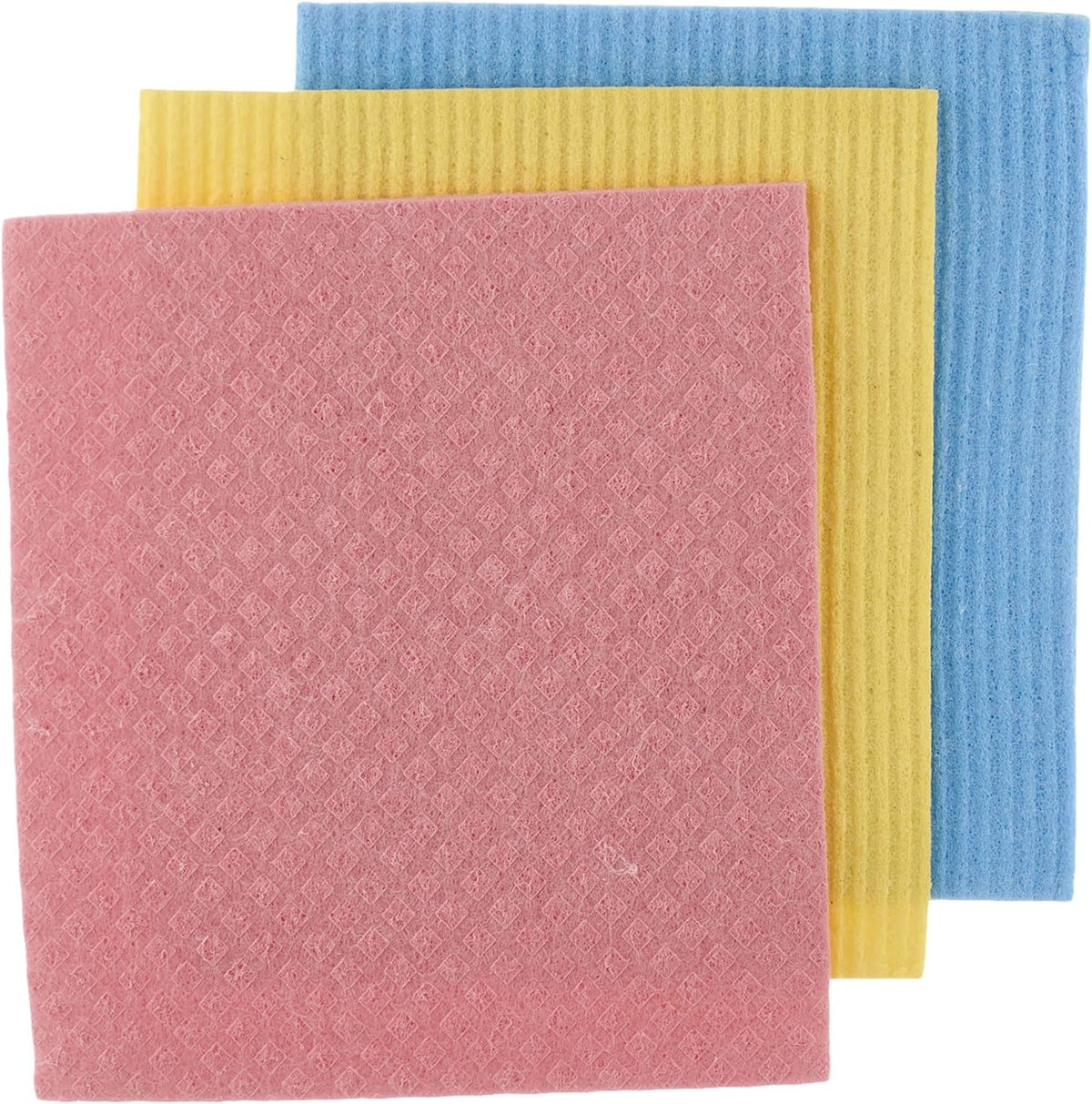 Three textured cleaning cloths in pink, yellow, and blue, arranged in a stacked fan shape on a white background.