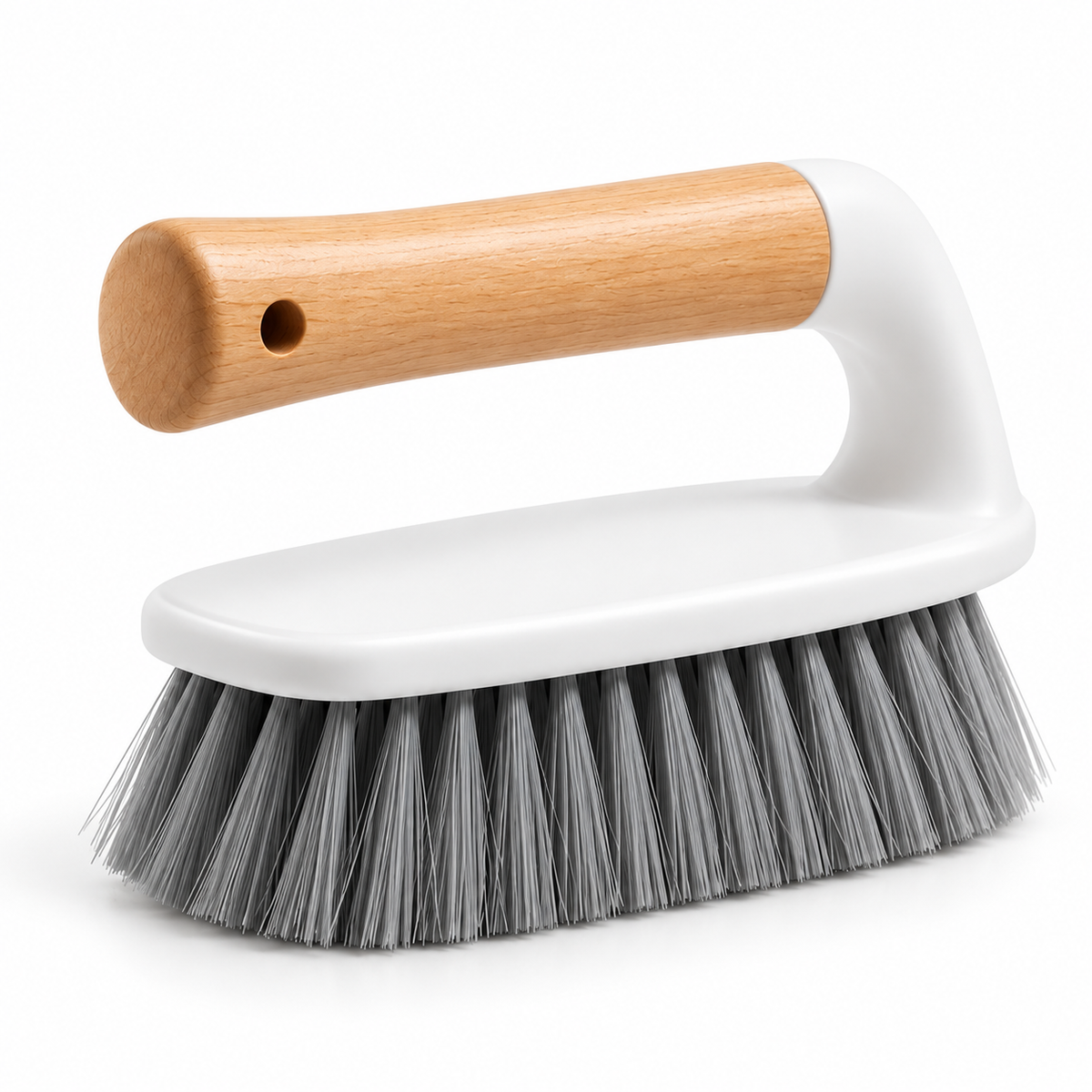 A small cleaning brush with a light natural wood handle, a white plastic body, and dense gray bristles, shown on a clean white background.