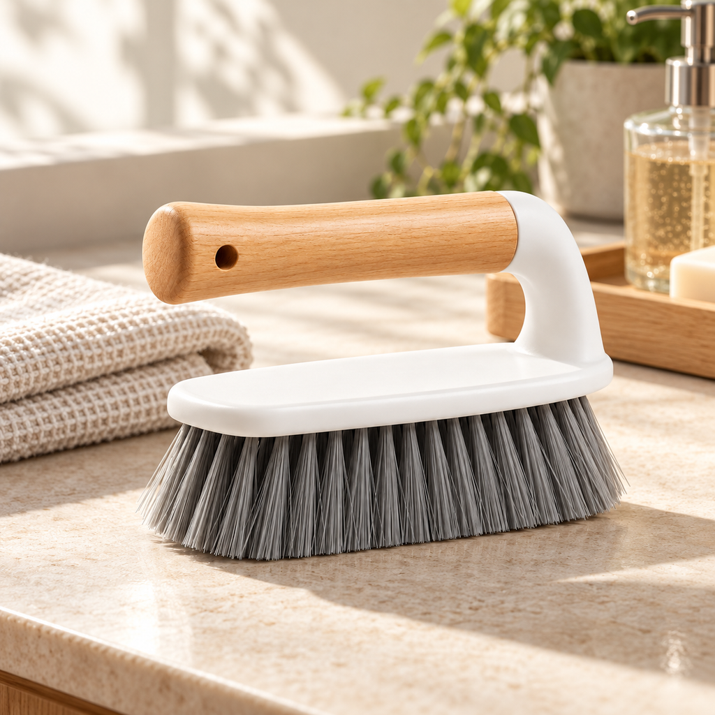 A small cleaning brush with a light wood handle, white plastic body, and gray bristles, resting on a beige countertop in a bathroom setting.