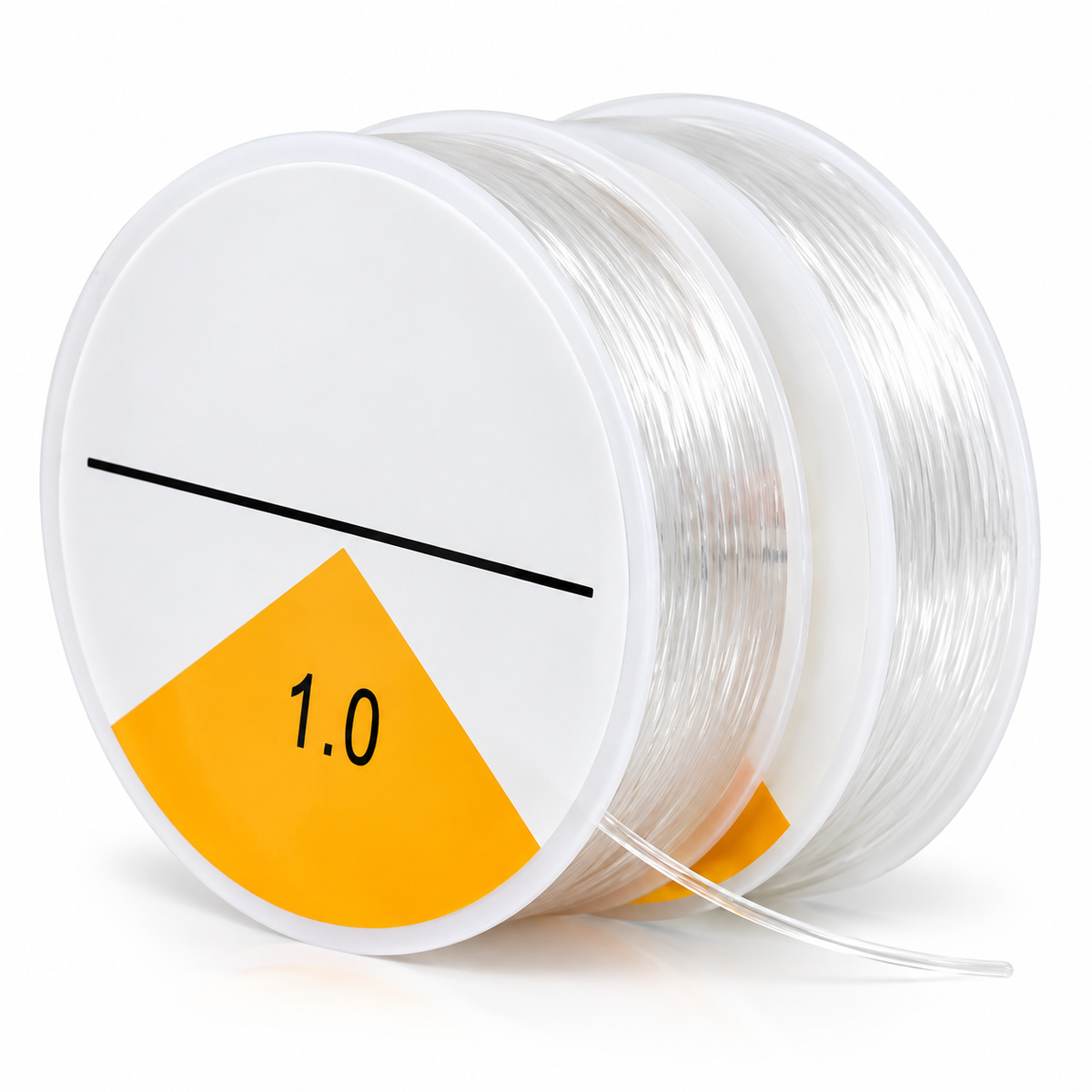 A spool of clear, thin 1.0 mm filament wound on a white plastic core, with a yellow and white label showing '1.