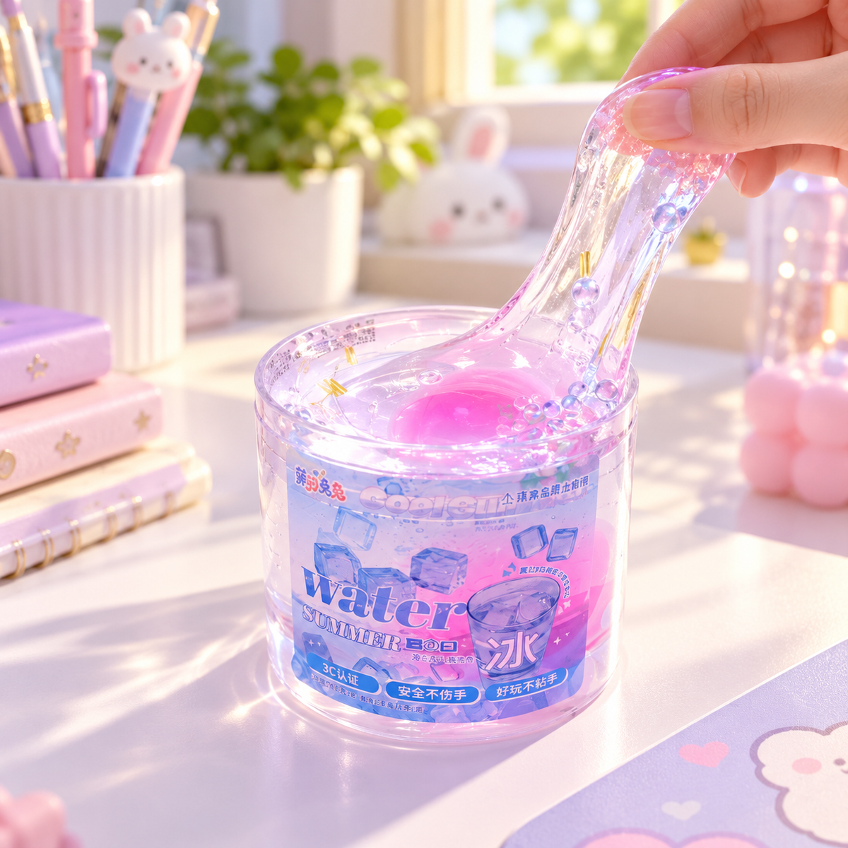 7AGAT Shopping crystal clear Ice Water Slime with pink accents being stretched by hand
