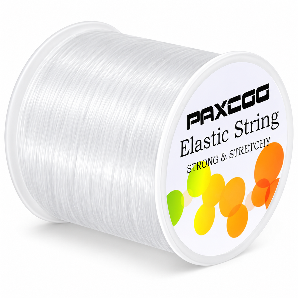 A spool of clear elastic string with a white label that reads 'PAXCGG Elastic String STRONG & STRETCHY' on a clean white background.