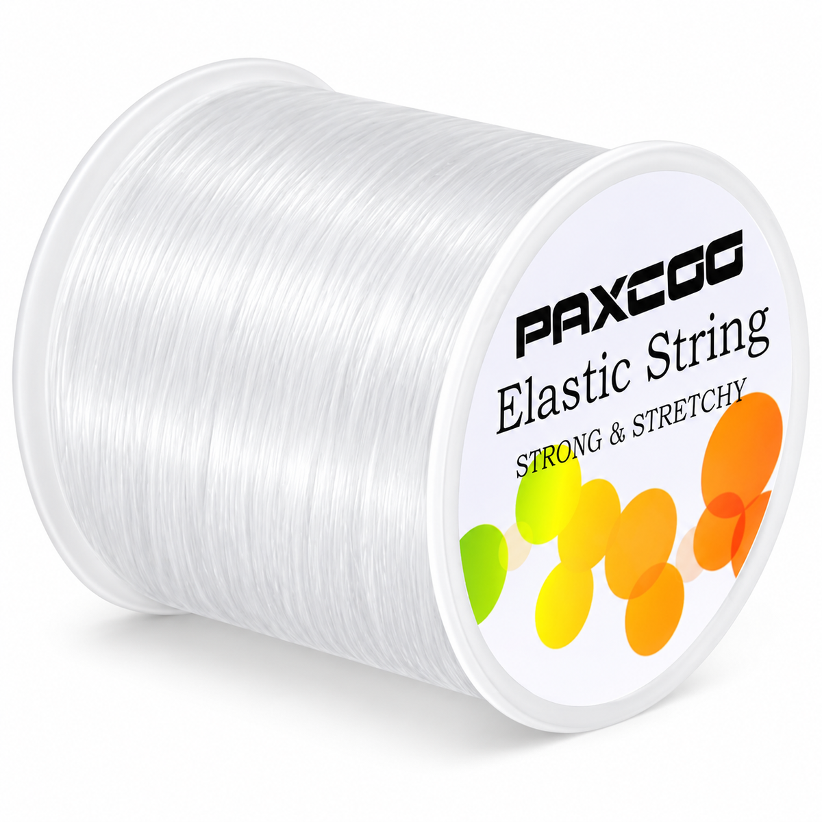 A spool of clear elastic string with a white label that reads 'PAXCGG Elastic String STRONG & STRETCHY' on a clean white background.
