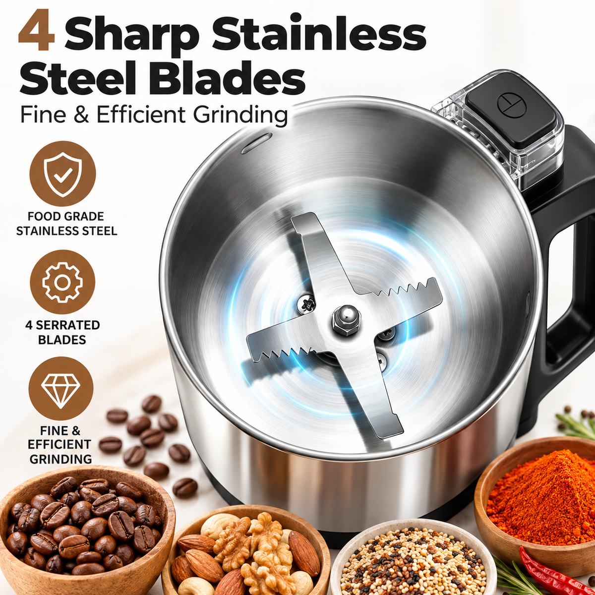 7AGAT electric spice and coffee grinder with stainless steel blades, compact 300W kitchen tool with one-touch operation