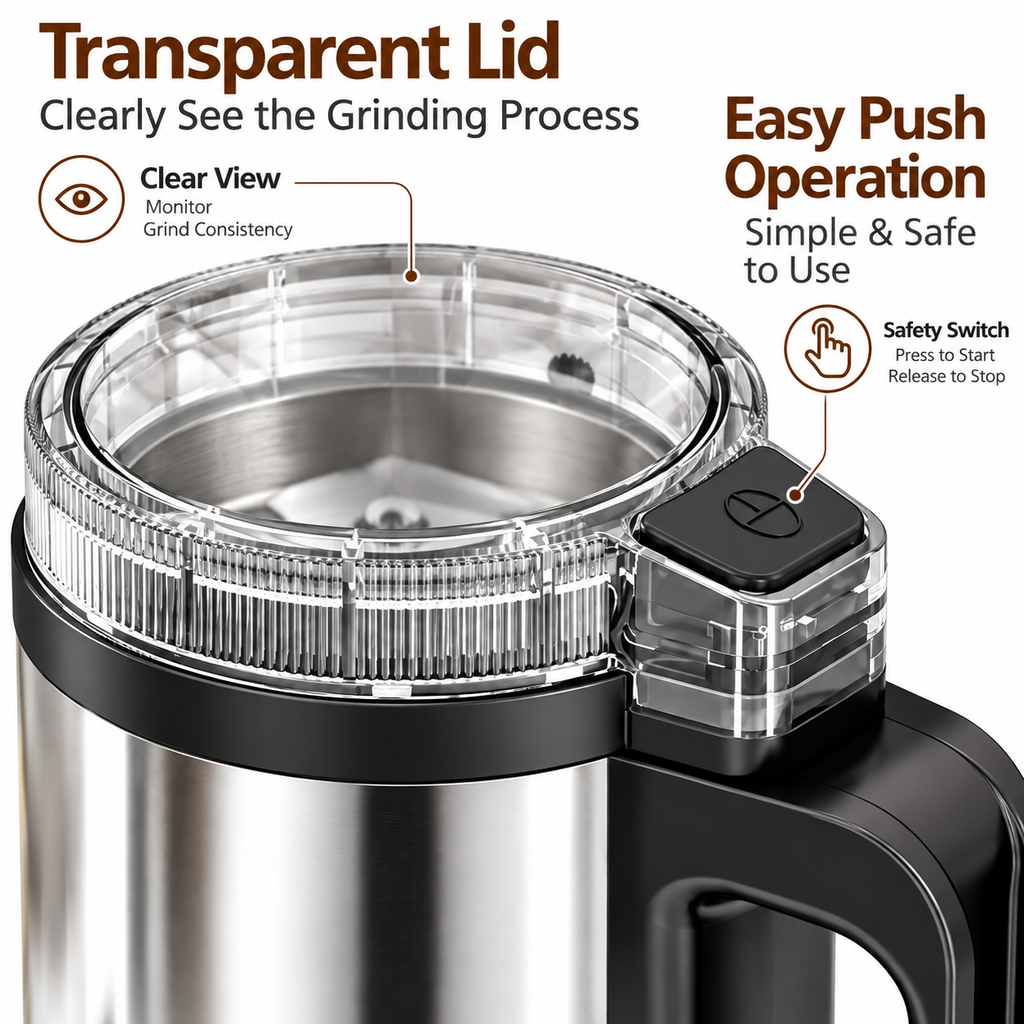 Close-up of a countertop blender jar with a transparent lid and black handle, shown with feature callouts and text including 'Transparent Lid' and 'Easy Push Operation' on a white background.
