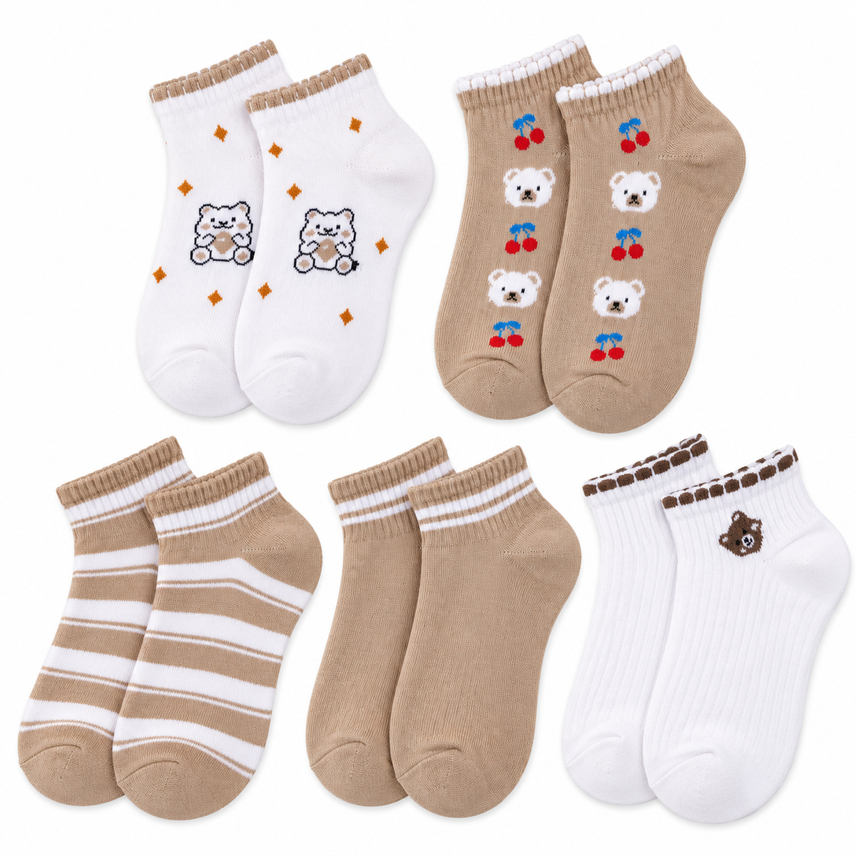Six pairs of children's ankle socks arranged in a 2x3 grid on a white background. The designs include: white socks with tan stripes and bear graphics, tan socks with cherry graphics, tan socks with white stripes, white socks with brown stripes and a bear face, tan socks with white stripes, and white ribbed socks with a brown bear graphic.