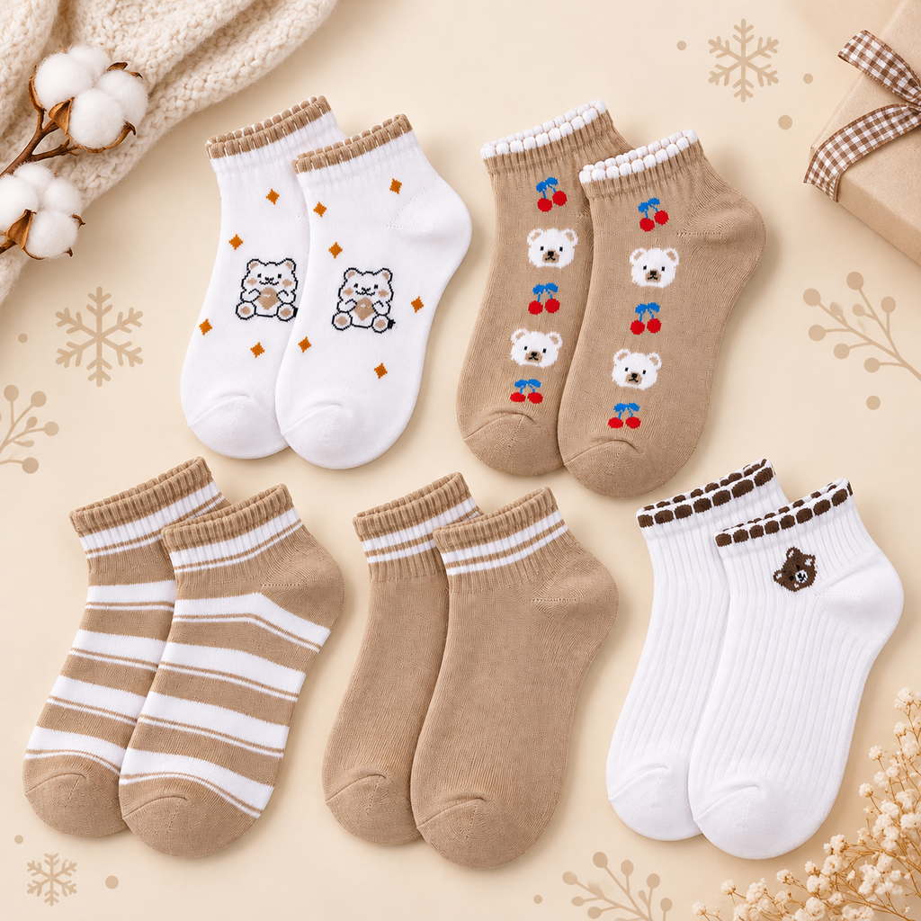 Six pairs of children's ankle socks arranged on a beige background with decorative winter-themed props. The socks include white pairs with tan stripes, tan pairs with white stripes, tan pairs with bear and cherry prints, and white pairs with a bear face print.